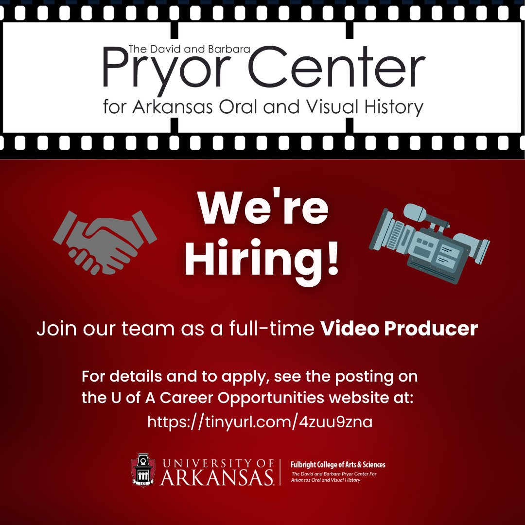 There's still time to apply! Here's your chance to help the Pryor Center collect and preserve the stories of the state as our full-time Video Producer. Check out the job description at the U of A Career Opportunities website at tinyurl.com/4zuu9zna and come talk to us!
