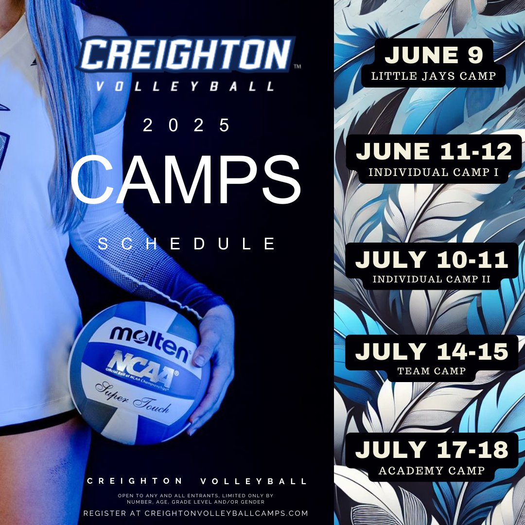 Save the Dates‼️Creighton Volleyball Camps are back 🙌🎊 Spots will fill fast, so register soon!

creightonvolleyballcamps.com

#GoJays
