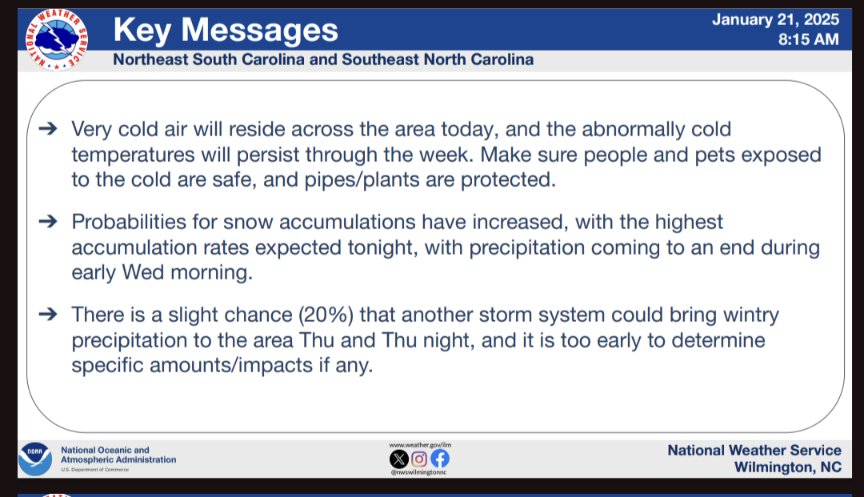 PawleysIslandPD's tweet photo. Here is the winter weather briefing from the @NWSWilmingtonNC 
If y'all don't need to travel tonight &amp; tomorrow, make yourself cozy and enjoy the snow at home. The roadways will be hazardous. https://t.co/xO0S3SPdaB