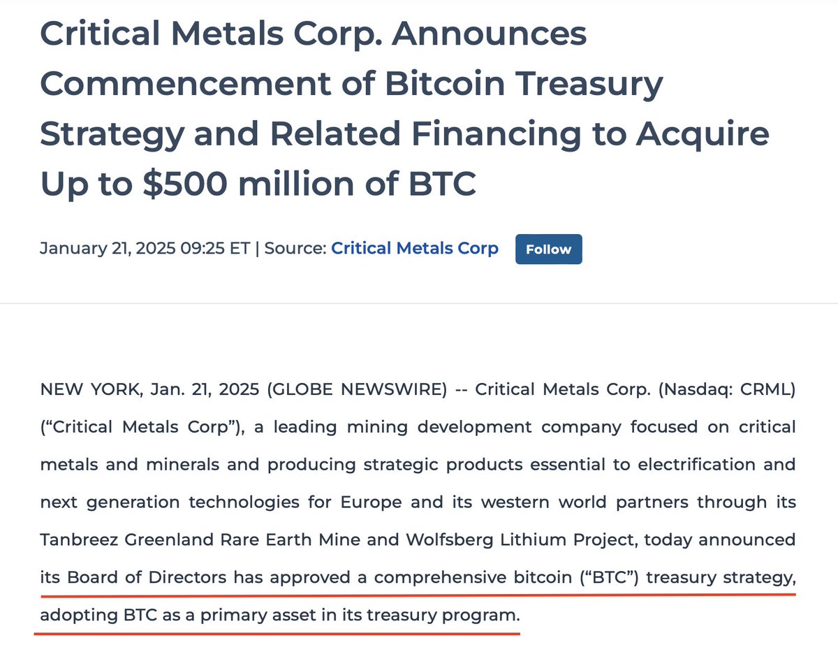 JUST IN: Critical Metals Corp secures up to $500M in convertible note  financing to purchase Bitcoin for its Bitcoin treasury strategy. This makes  them the first Nasdaq-listed critical minerals company to adopt