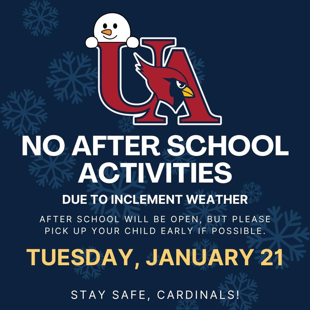 UACharterSchool (@uacharterschool) on Twitter photo No after school activities today (1.21.25). <a href="/UAathletics/">Union Academy Athletics</a> <a href="/JZUAHS/">Jim Zorn</a> <a href="/ByrdSetrina/">Setrina Gainey Byrd</a> <a href="/BrittanyRape/">Brittany Rape</a> <a href="/CardinalPrideFB/">Union Academy Football</a> <a href="/_MasonSledge/">Mason Sledge</a> <a href="/JSuttonSmith/">Jennifer SuttonSmith</a> No after school activities today (1.21.25). <a href="/UAathletics/">Union Academy Athletics</a> <a href="/JZUAHS/">Jim Zorn</a> <a href="/ByrdSetrina/">Setrina Gainey Byrd</a> <a href="/BrittanyRape/">Brittany Rape</a> <a href="/CardinalPrideFB/">Union Academy Football</a> <a href="/_MasonSledge/">Mason Sledge</a> <a href="/JSuttonSmith/">Jennifer SuttonSmith</a>