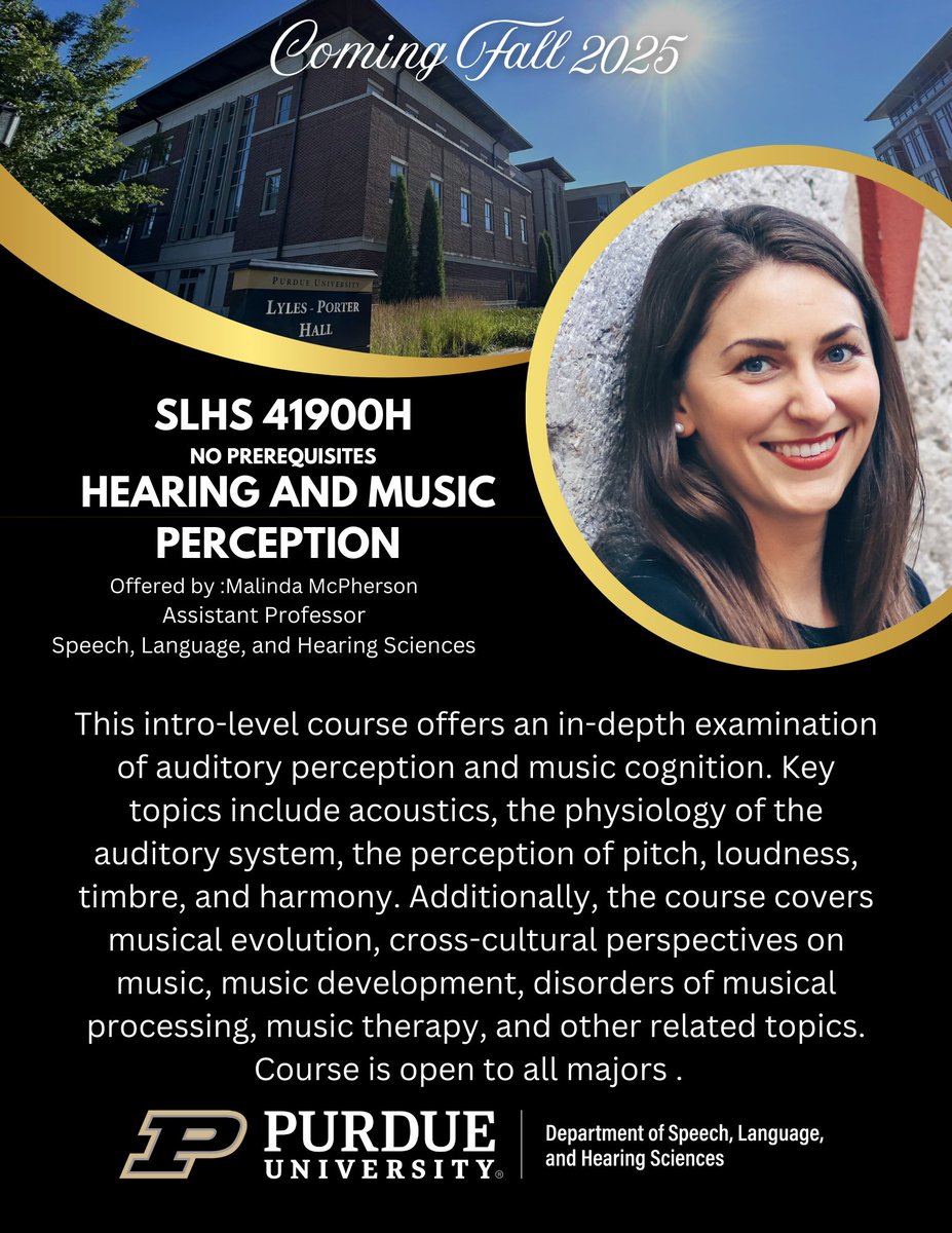 Purdue Speech, Language, & Hearing Sciences (@purdueslhs) on Twitter photo .<a href="/PurdueSLHS/">Purdue Speech, Language, & Hearing Sciences</a> is pleased to announce a new course, SLHS 41900H - Hearing and Music Perception, offered by Assistant Professor @MalindaJMcP in Fall 2025!
#PurdueSLHS #PurdueHHS #Audiology .<a href="/PurdueSLHS/">Purdue Speech, Language, & Hearing Sciences</a> is pleased to announce a new course, SLHS 41900H - Hearing and Music Perception, offered by Assistant Professor @MalindaJMcP in Fall 2025!
#PurdueSLHS #PurdueHHS #Audiology