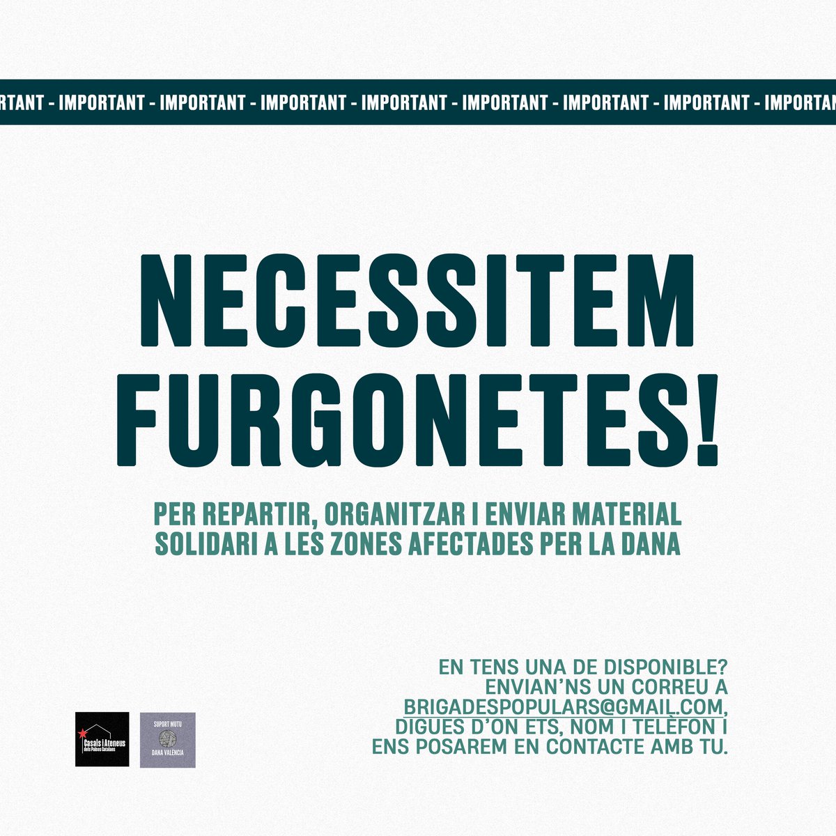 𝗧𝗘𝗡𝗦 𝗨𝗡𝗔 𝗙𝗨𝗥𝗚𝗢🫵🏼❓ 𝗟𝗔 𝗡𝗘𝗖𝗘𝗦𝗦𝗜𝗧𝗘𝗠❗

Per repartir, organitzar i enviar matèria solidari amb les zones afectades per la Dana.🚚🚛

📨 Escriu-nos a brigadespopulars@gmail.com

#SuportMutu