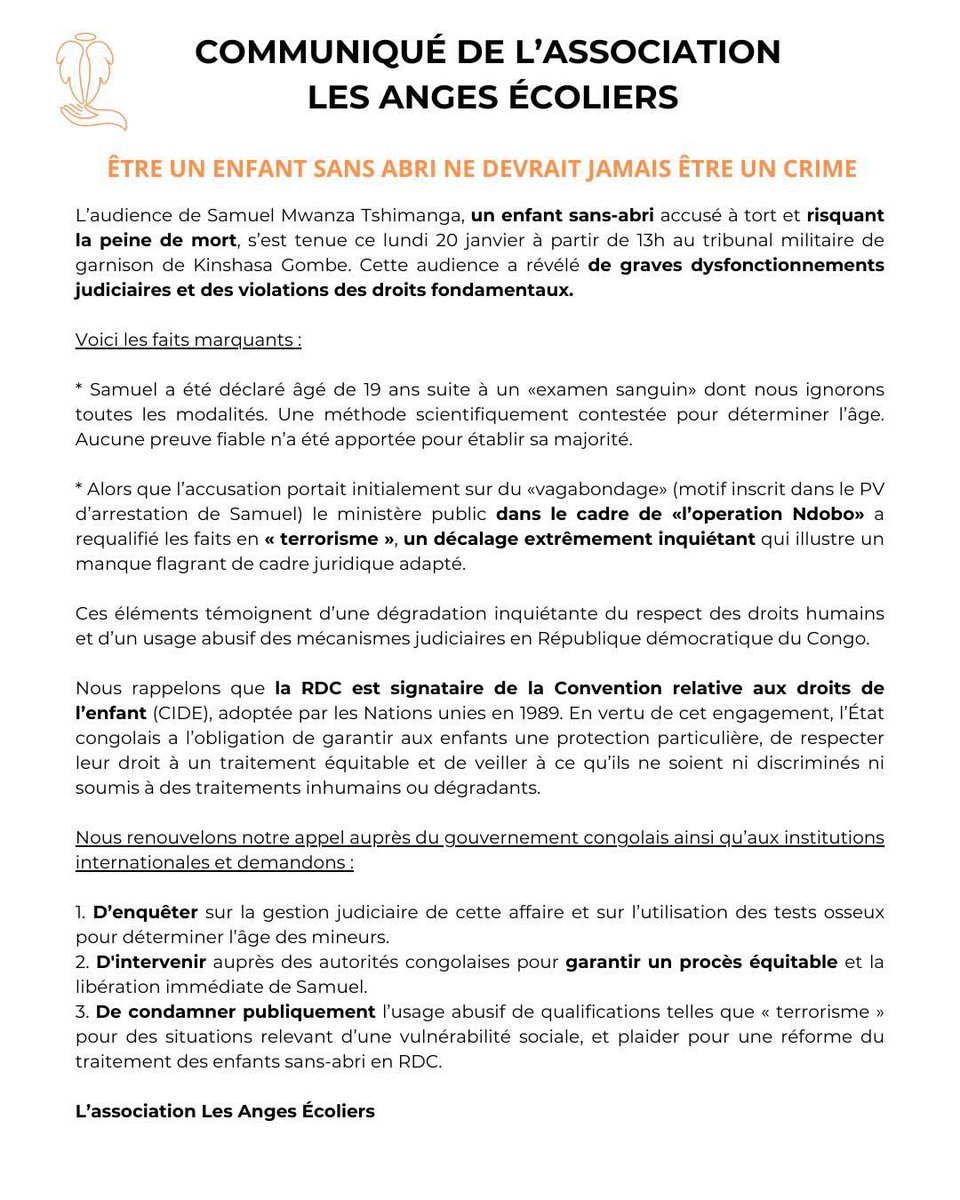 L’association #LesAngesEcoliers nous apprend que Samuel sera jugé pour terrorisme. 
D’autres enfants sont dans le même cas que lui… ils n’ont rien avoir avec des #kulunas… 

<a href="/ConstantMutamba/">Constant Mutamba</a> Il est temps d’aller regarder chaque dossier de plus près. Ça évitera aussi que