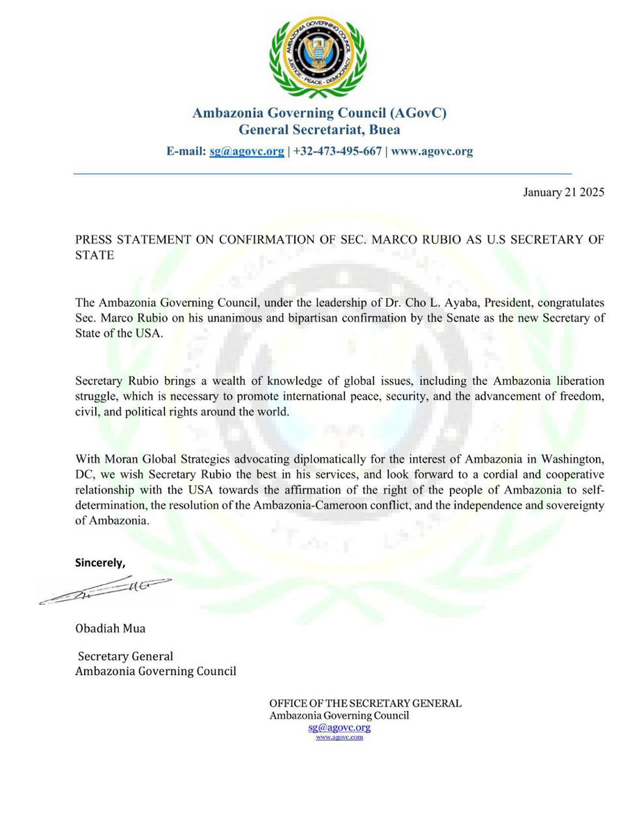 ACN TV (@acntv2) on Twitter photo The Secretary General of the Ambazonia Governing Council sends a congratulatory message to <a href="/marcorubio/">Marco Rubio</a> for his confirmation as US Secretary of State by <a href="/realDonaldTrump/">Donald J. Trump</a> #Ambazonia seeks a true partnership with the Trump administration to address the unspeakable injustice, The Secretary General of the Ambazonia Governing Council sends a congratulatory message to <a href="/marcorubio/">Marco Rubio</a> for his confirmation as US Secretary of State by <a href="/realDonaldTrump/">Donald J. Trump</a> #Ambazonia seeks a true partnership with the Trump administration to address the unspeakable injustice,