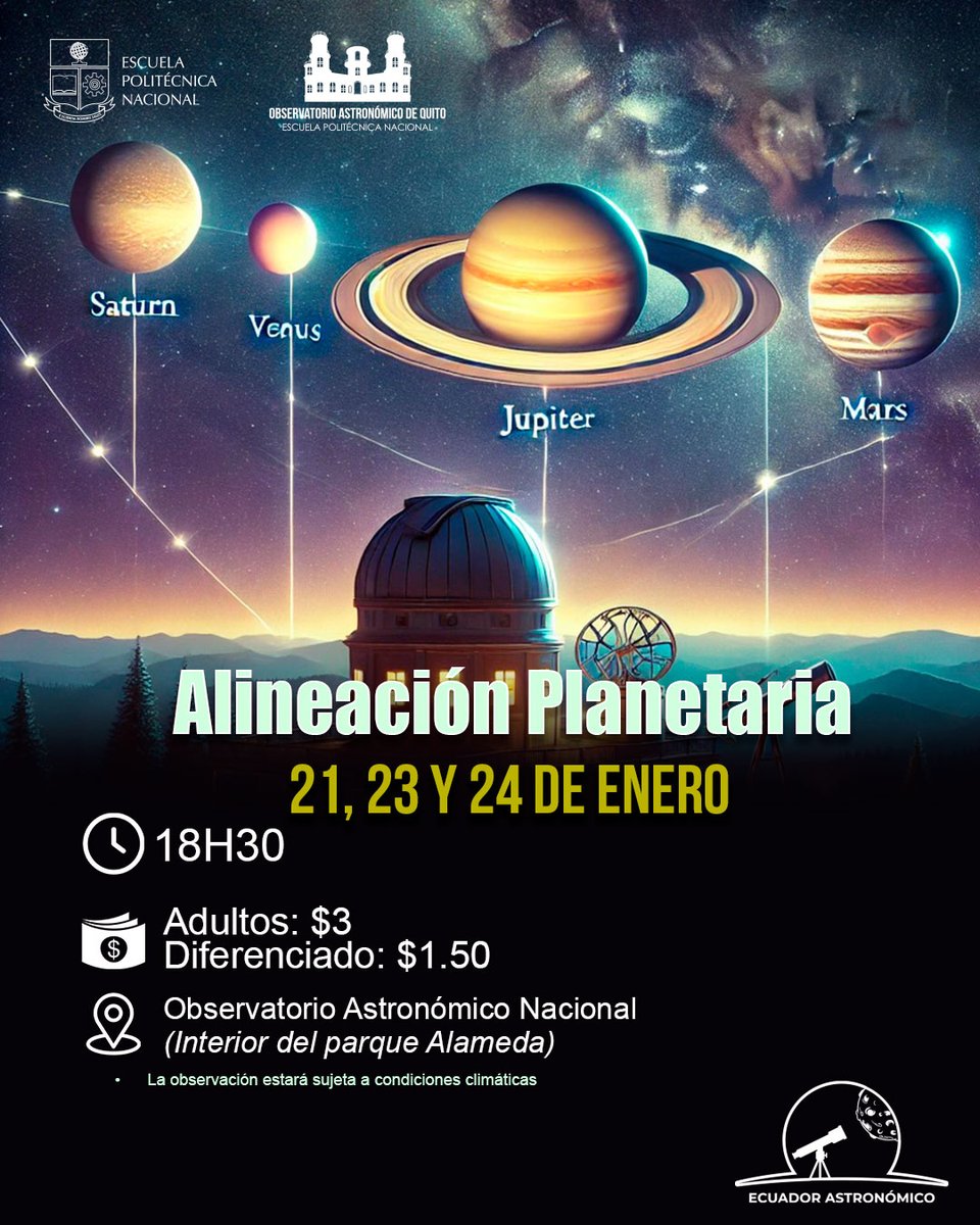 El Observatorio Astronómico te invita a maravillarte con un espectáculo celestial: la alineación planetaria.

👉Observación con telescopios
👉Charla astronómica:

21, 23 y 24 de enero
Hora de ingreso: 18:30
Hora de salida: 20:30

#alineacionplanetaria #OAN