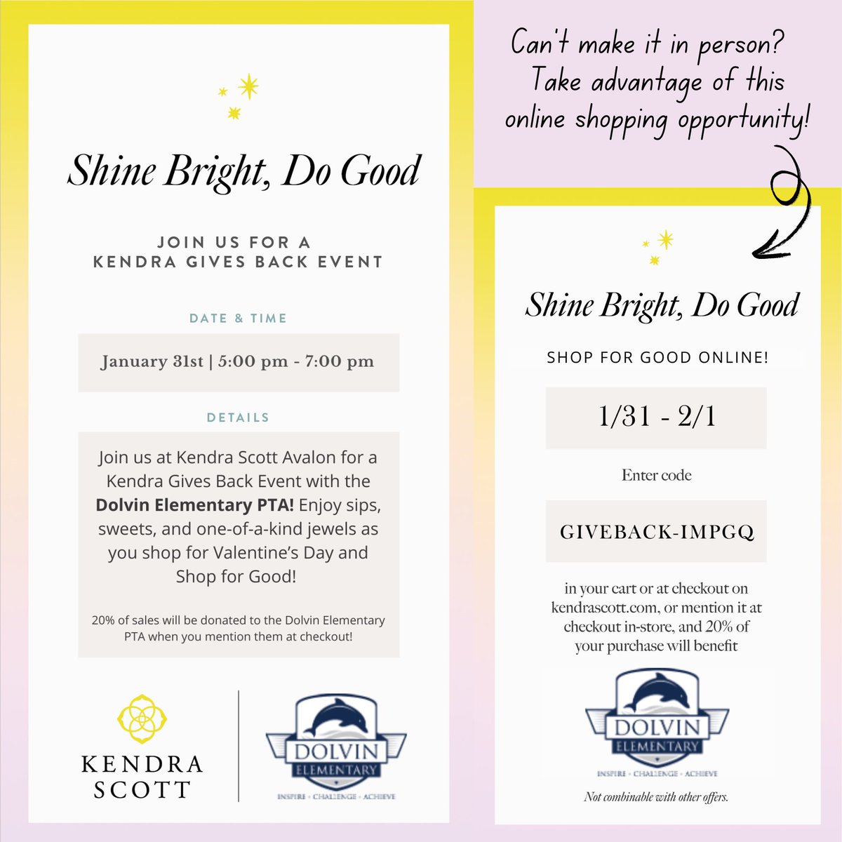 Need an idea for Valentine’s Day?  Join Dolvin at Kendra Scott for a “Gives Back” Event!