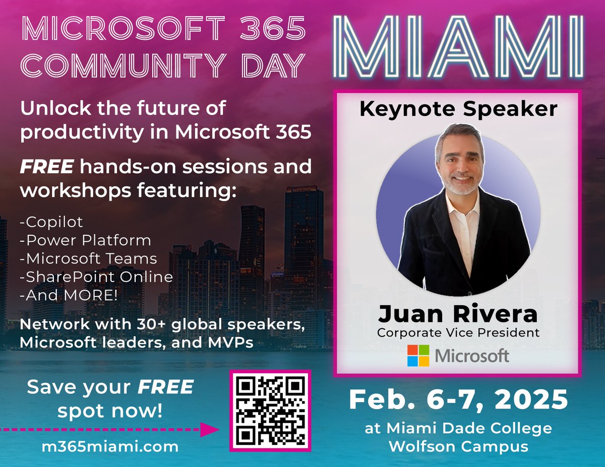 M365Miami's tweet photo. 🎤 Excited for @M365Miami keynote? Us too! Join as @juanmicrosoft, #Microsoft’s engineering leader for #MicrosoftTeams, takes the stage! Don't miss his insights on the transformative power of #generativeAI &amp; the future of digital communication. #FREE 🎟️! https://t.co/fVj03jSuAB https://t.co/LTrE1fMCY4