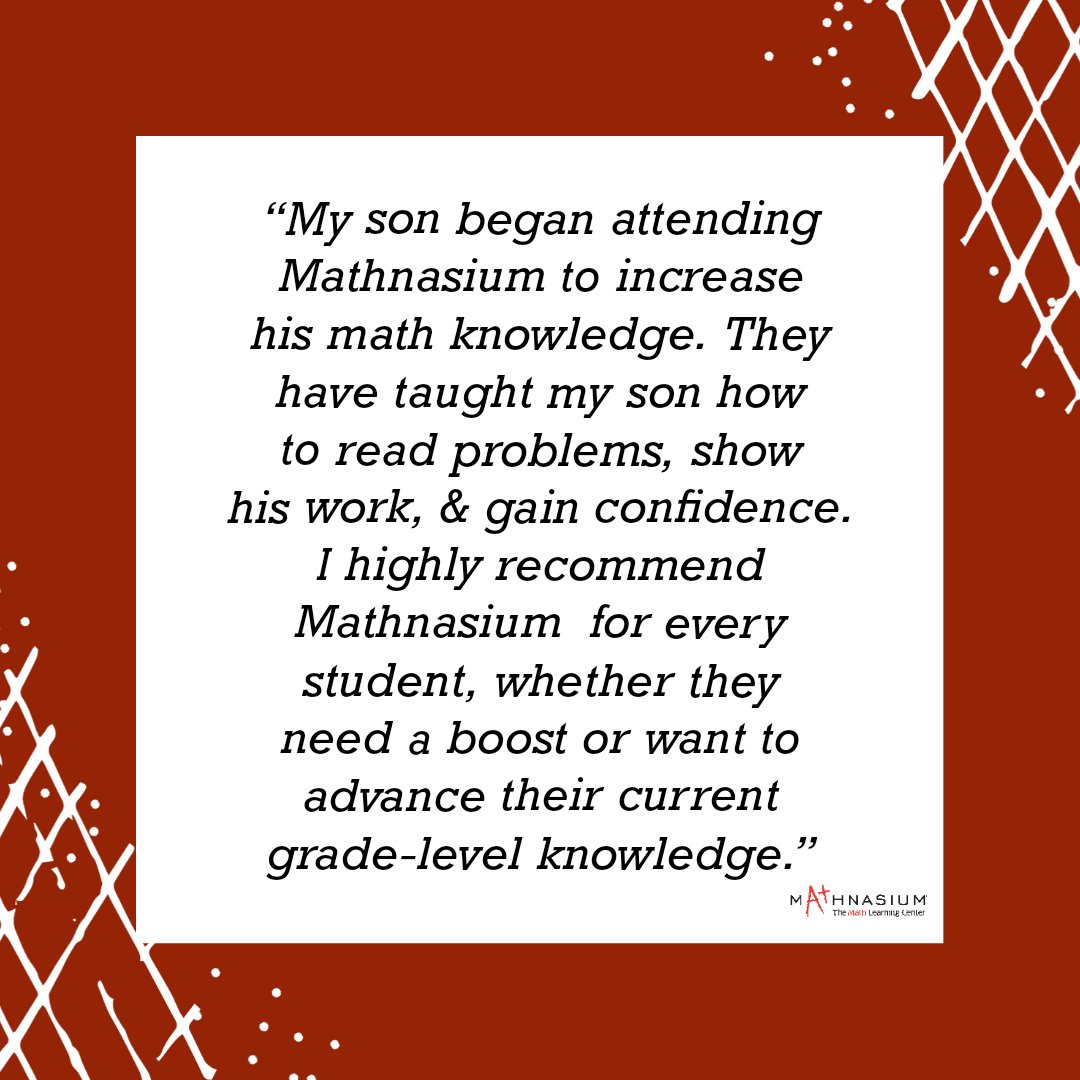 A recent parent testimonial.🤩🤩🤩

At Mathnasium, we help students catch up, keep up, or get ahead in math.

Contact us for your child’s FREE trial session: mathnasium.com 

#testimonial #parenttestimonial #goals #mathtutoring