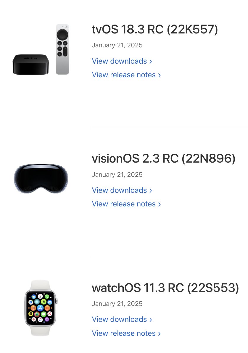 zollotech's tweet photo. iOS 18.3 RC Released along with 

iPadOS 18.3 RC
watchOS 11.3 RC
macOS 15.3 RC
visionOS 2.3 RC
tvOS 18.3 RC
HomePodOS 18.3
iPadOS 17.7.4 https://t.co/96cxTRq6IQ