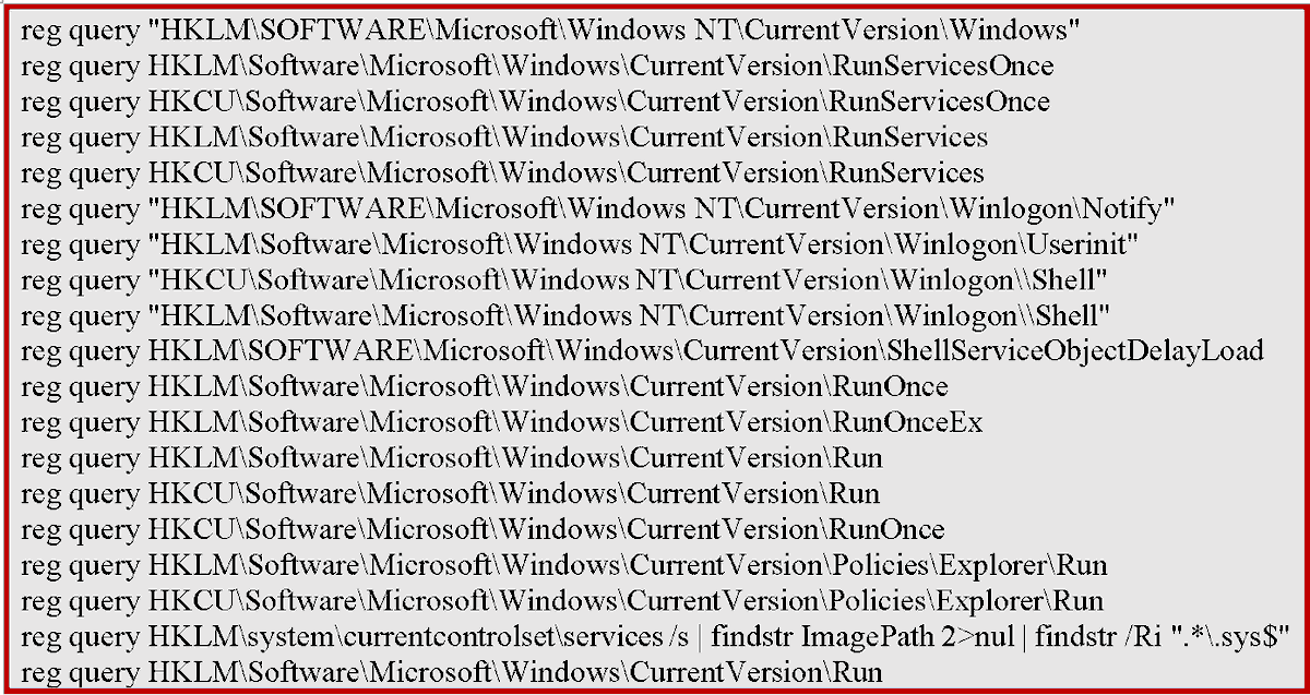 APT gruplarının, hedef sistem, yapılandırma ve yüklü uygulamalar hakkında bilgi toplamak için Windows Registry ile etkileşime girdiği ve önemli ölçüde bilgi toplayabildikleri cmd komutları ve registry kayıtları listesi. MITRE -&gt; T1012
#cybersecurity #infosec