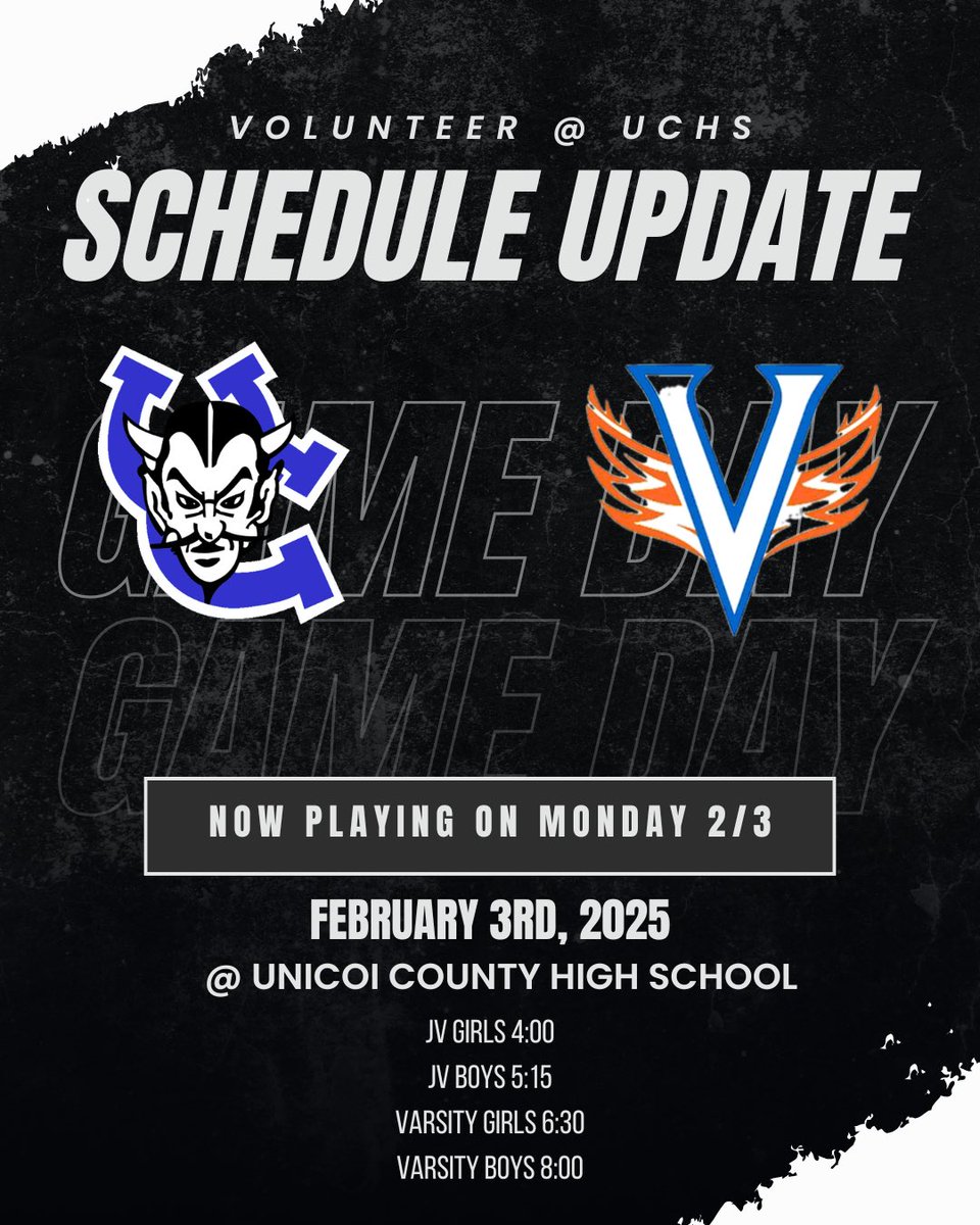 Our home game vs Volunteer originally scheduled for last night will be played on Monday, February 3rd at normal times.