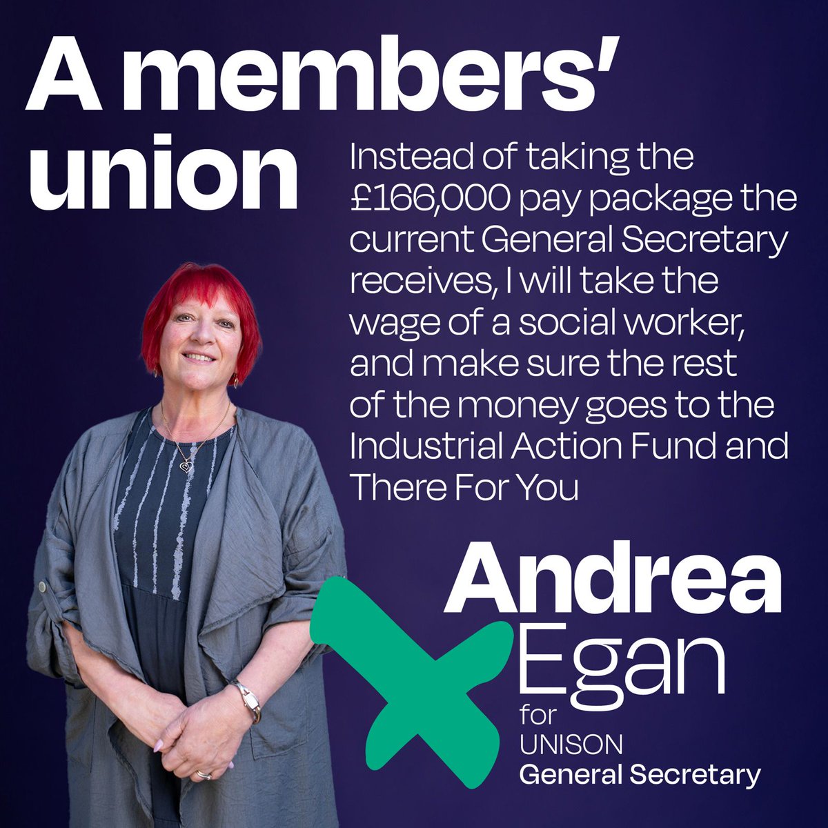 If elected as UNISON General Secretary; I won't accept the full £166,000 pay package. Instead, I will take the pay of a social worker and ensure the rest of the money goes to UNISONs Industrial Action Fund and our There For You charity! My pay goes up when your pay goes up!✊