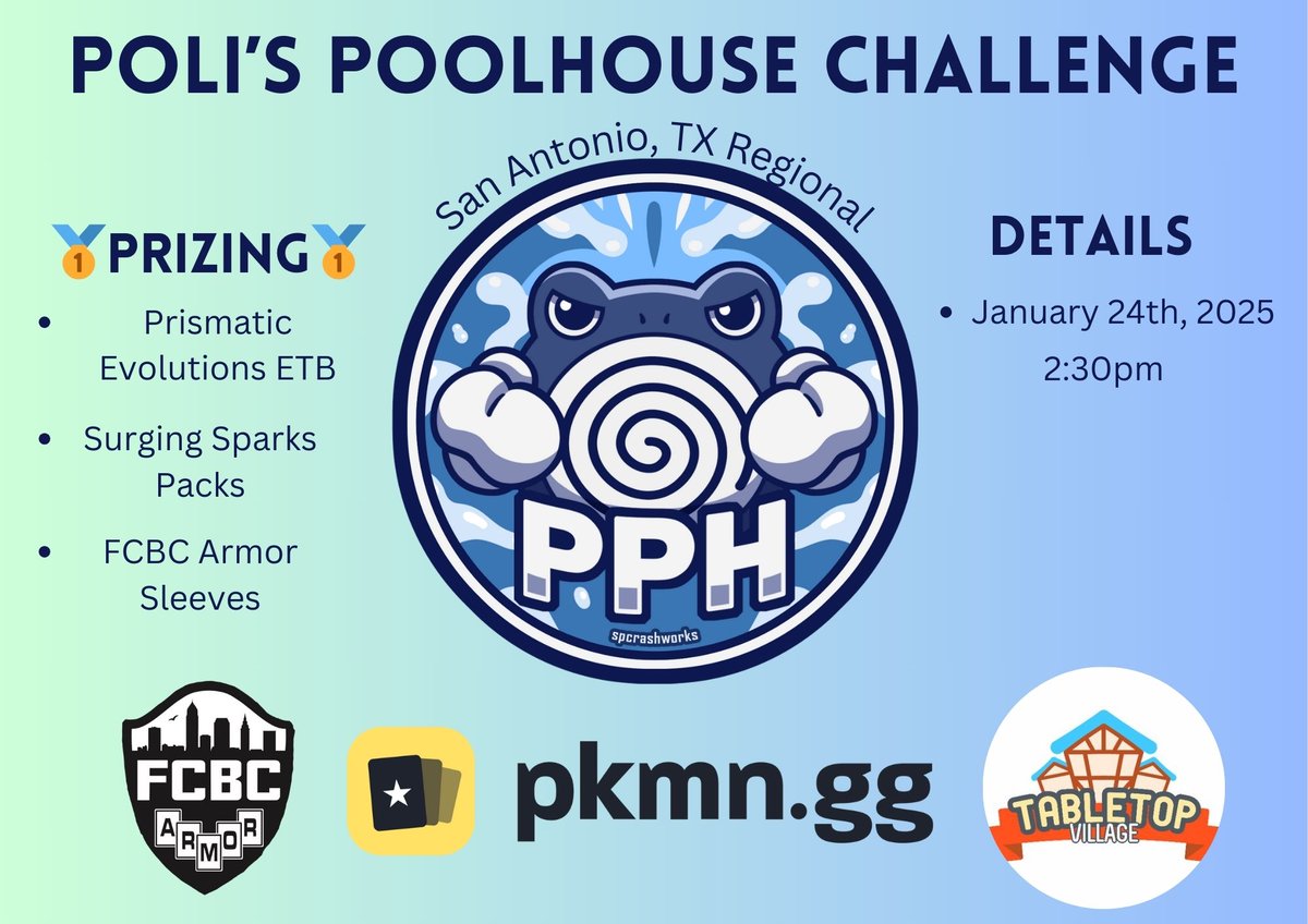 🎉 POLI'S POOLHOUSE CHALLENGE 🎉

Join us January 24th at 2:30PM for your chance to win a Prismatic Evolutions ETB! More prizes include Surging Sparks Packs, codes, and <a href="/FCBCArmor/">FCBC</a> sleeves!

Test your skills at: play.limitlesstcg.com/tournament/676…

Don't miss out on these amazing prizes! 🏆✨