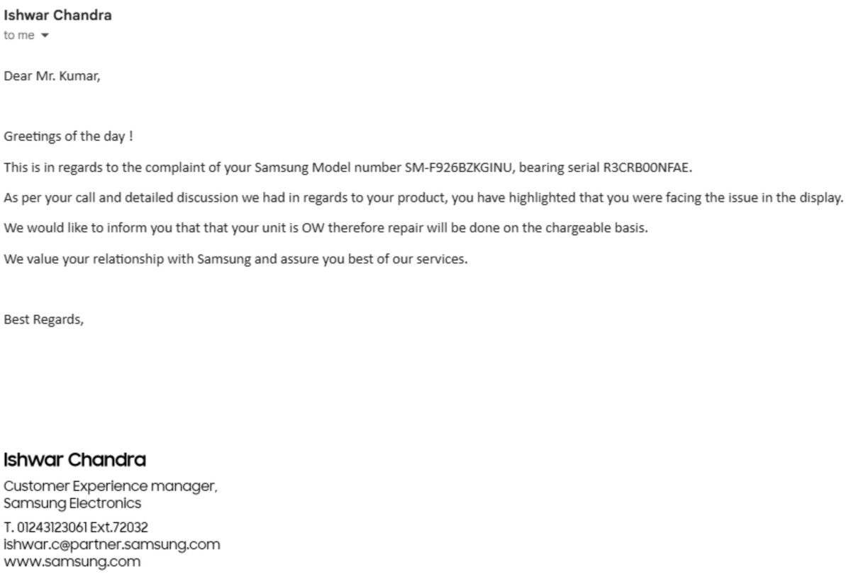 deadlypk's tweet photo. @SamsungIndia Below is the reply from the Samsung support:
This is after chasing up with the service center 4 times Also device is almost dead now due to the investigation from the service center.
Suggest how to proceed as customer care is not replying on the email or private message. https://t.co/LwYGQfIJgc