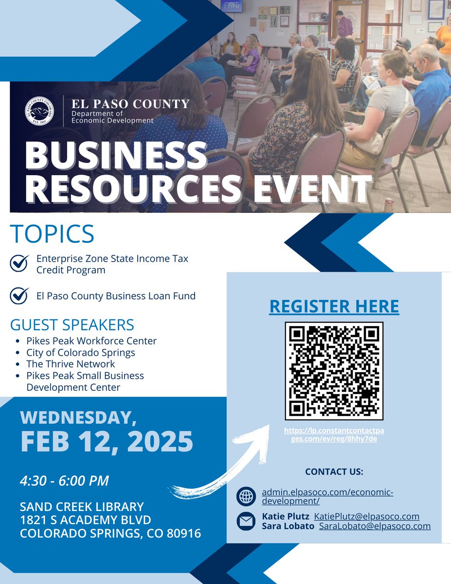 Biz: Learn about tax credits &amp; loans at this El Paso County Business Resources Event on Tues, Feb 12, from 4:30-6 PM, at Sand Creek Library. Register at lp.constantcontactpages.com/ev/reg/8hhy7de…