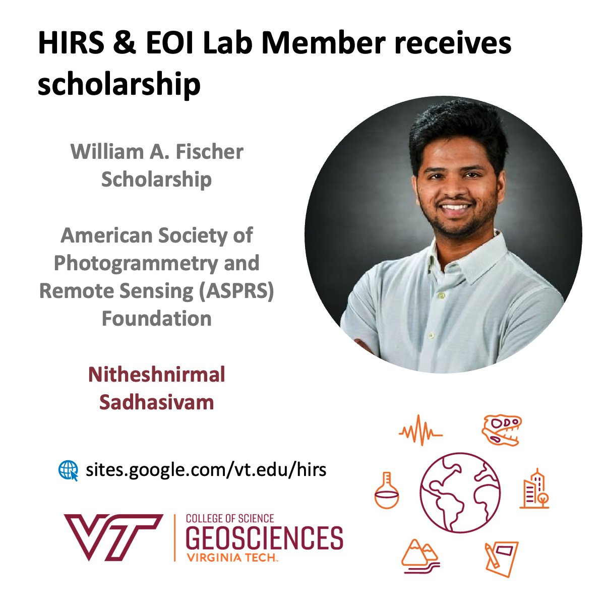 Hydrologic Innovation & Remote Sensing @VT (@hirslab) on Twitter photo Congratulations, <a href="/nitheshnirmal/">Nitheshnirmal Sadhasivam</a>, for being awarded the William A. Fischer Scholarship of the American Society of Photogrammetry and Remote Sensing (ASPRS) Foundation! <a href="/EOI_lab/">Earth Observation & Innovation @VT</a> <a href="/vtgeosciences/">Geosciences at VT</a> Congratulations, <a href="/nitheshnirmal/">Nitheshnirmal Sadhasivam</a>, for being awarded the William A. Fischer Scholarship of the American Society of Photogrammetry and Remote Sensing (ASPRS) Foundation! <a href="/EOI_lab/">Earth Observation & Innovation @VT</a> <a href="/vtgeosciences/">Geosciences at VT</a>
