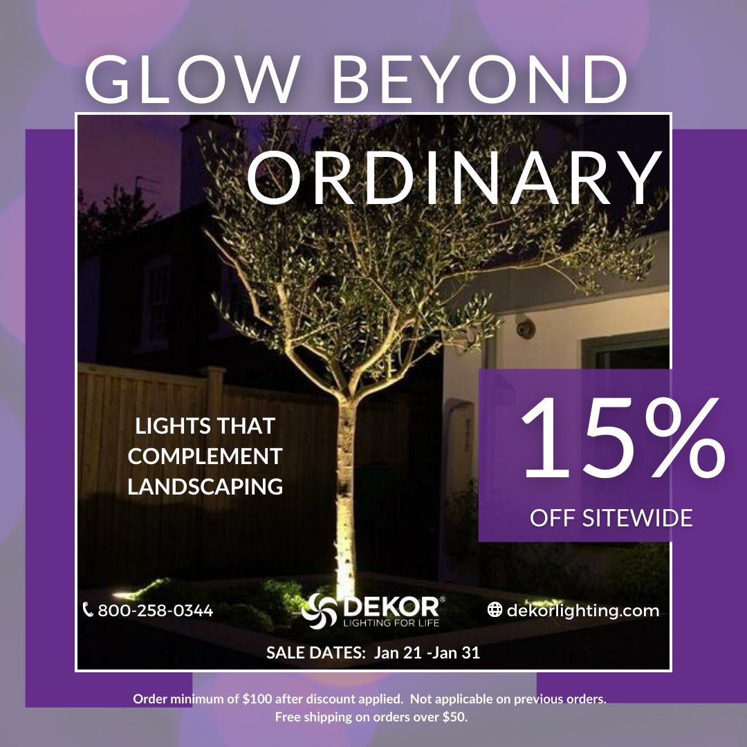 🌟 Brighten up your landscaping with our 15% Off Sitewide Sale from January 21st-31st! 🌟
*Minimum Purchase: $100 (after discount)

dekorlighting.com 
#DekorLighting #OutdoorLiving #LandscapeLighting 1l.ink/LFJ2QGQ