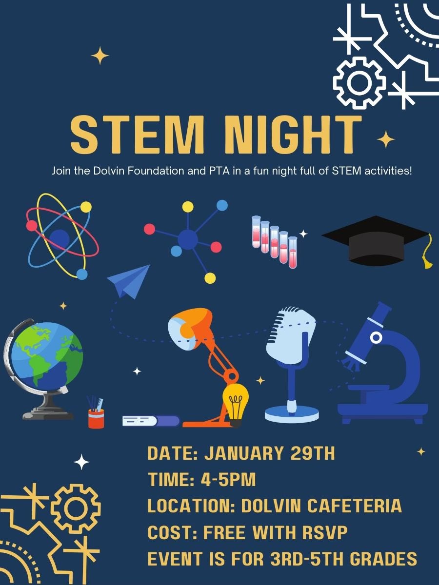 Join the Dolvin Foundation and PTA for a fun night full of STEM activities!

Parents of 3rd, 4th, and 5th graders, RSVP here 👉🏻dolvinpta.membershiptoolkit.com/packet/24232