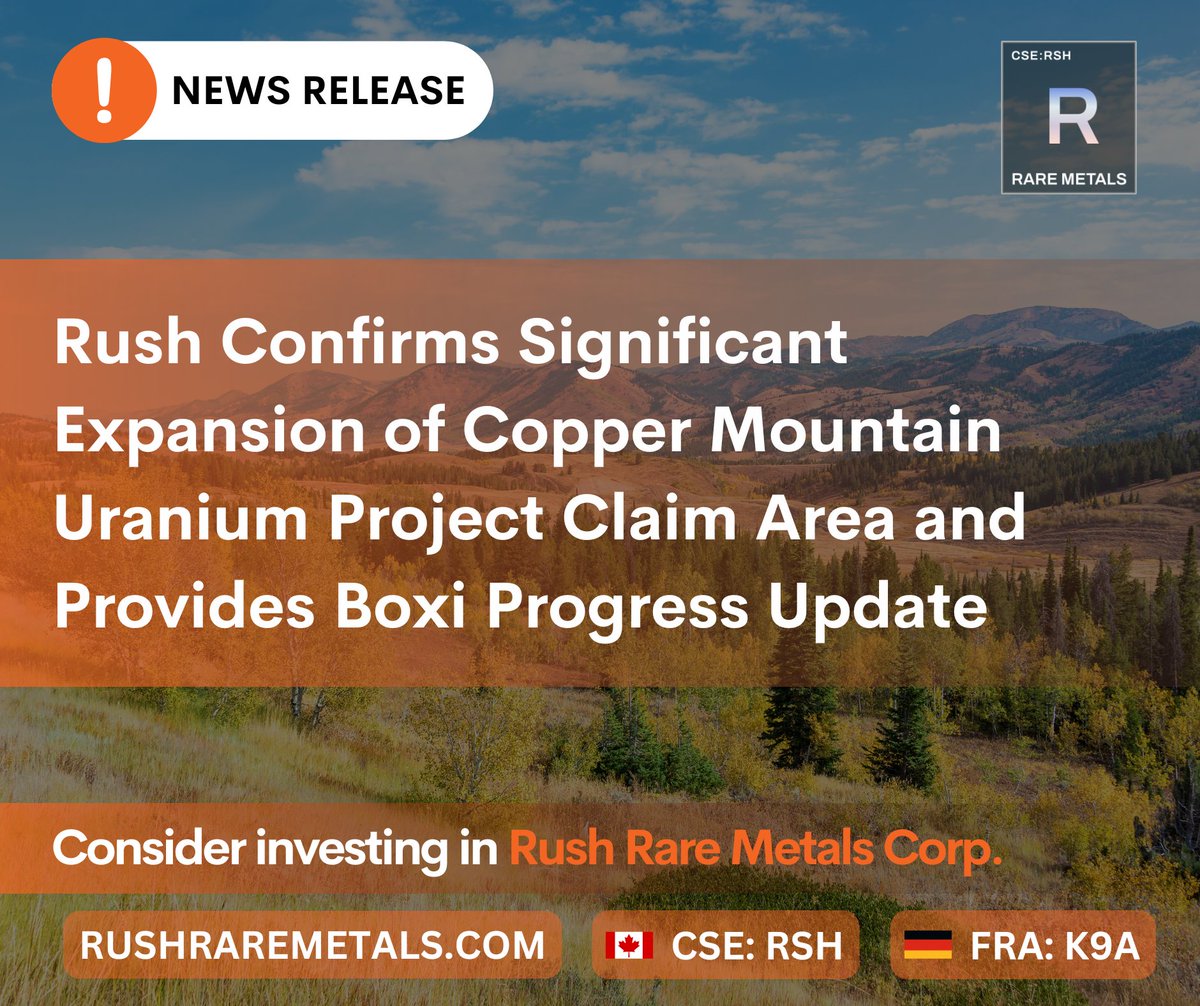Rush Rare Metals Corp. (CSE: RSH) (@rushraremetals) on Twitter photo Rush is pleased to confirm that its earn-in partner on the #CopperMountain #uranium property in #Wyoming, <a href="/MyriadUranium/">Myriad Uranium Corp. (CSE: M)</a>, has announced a large expansion of the project area, from approximately 4,200 acres to approximately 9,320 acres. Further, Rush is pleased to report some more Rush is pleased to confirm that its earn-in partner on the #CopperMountain #uranium property in #Wyoming, <a href="/MyriadUranium/">Myriad Uranium Corp. (CSE: M)</a>, has announced a large expansion of the project area, from approximately 4,200 acres to approximately 9,320 acres. Further, Rush is pleased to report some more