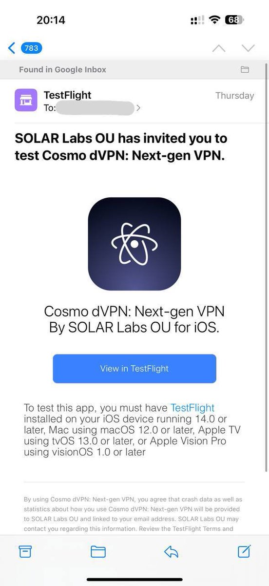 The long awaited Cosmo #dVPN built on Sentinel has finally been approved for TestFlight by the iOS App Store and is going live soon. 

Pay for provably encrypted end to end privacy by using $ATOM to make interchain payments to the Sentinel Layer 1 chain through the Cosmos IBC.