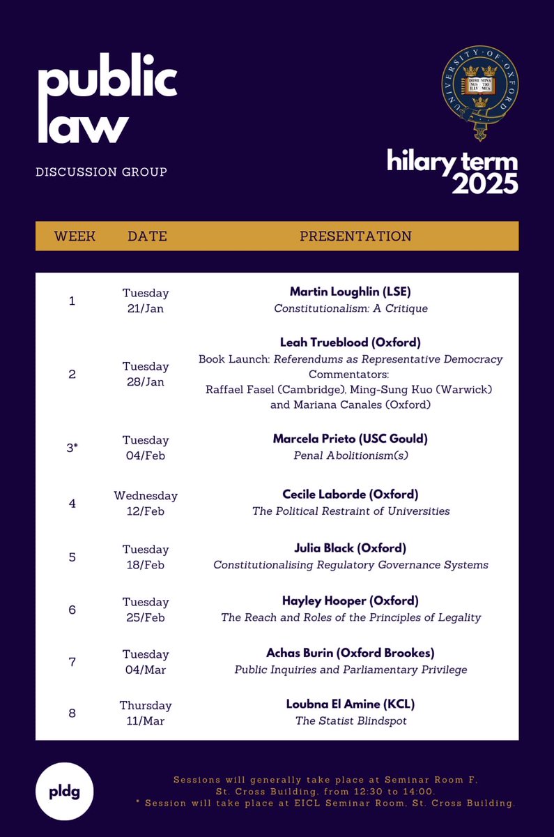 OxfordPLDG's tweet image. The Public Law Discussion Group Term Card for HT is out! We are really excited to begin 2025 with such an amazing line up! To join our mailing list message us at public-law-discussion-group-subscribe@maillist.ox.ac.uk