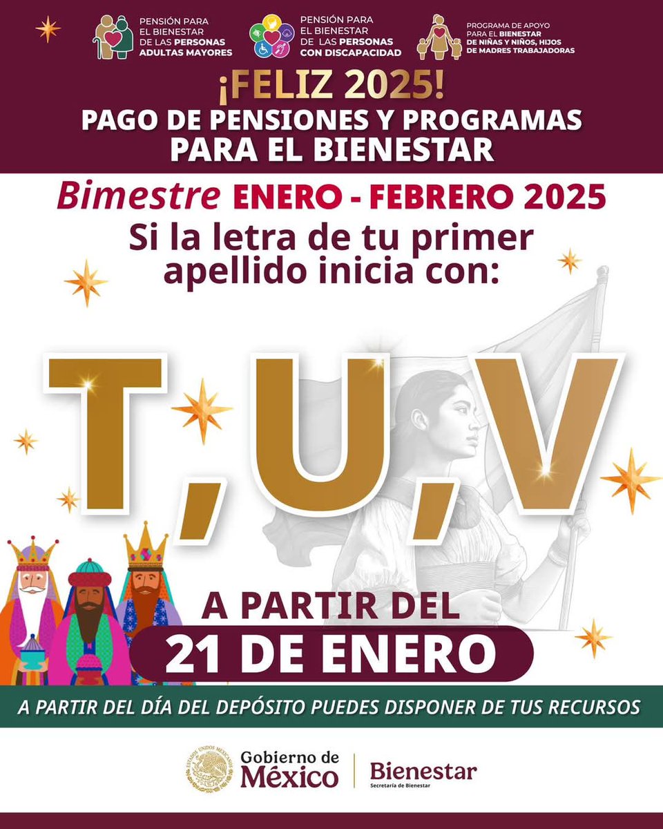 ❤️ Aviso Importante ❤️
Si tu apellido comienza con las letras T, U, V; a partir del 21 de enero, podrás disponer de tu recurso correspondiente al bimestre enero-febrero de las #PensionesBienestar y el programa #MadresTrabajadoras
<a href="/Claudiashein/">Claudia Sheinbaum Pardo</a>
#HumanismoMexicano
#PrimeroLosPobres