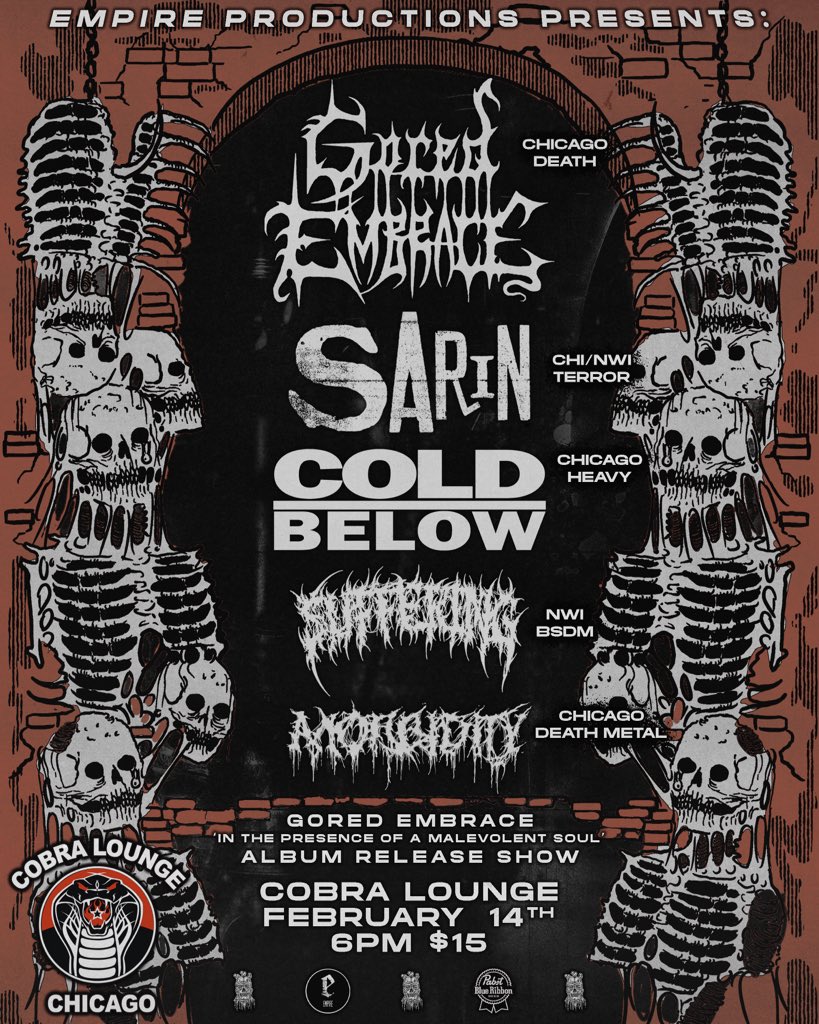 goredembracedm's tweet photo. ‼️🚨ALBUM RELEASE SHOW🚨‼️
FEB 14 AT THE COBRA LOUNGE 
come celebrate our debut record "In the Presence of a Malevolent Soul" with a badass lineup @SUFFERINGBDM @SARINnwi cold below and morbidity 

Video from our set this weekend at prison city vintage in joliet by @xgusthebusx https://t.co/bbY09mUTss
