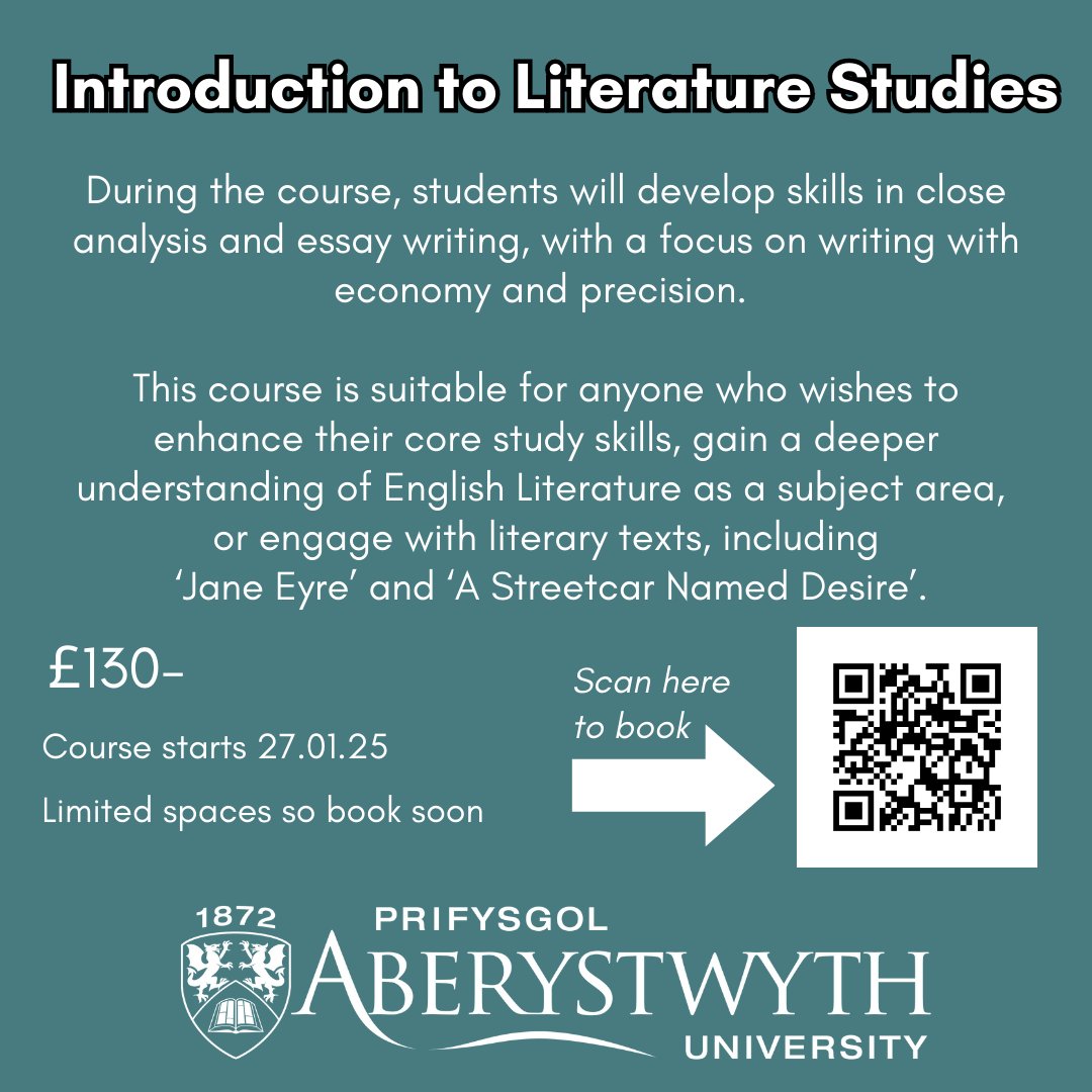 👇LAST CHANCE TO APPLY FOR THIS COURSE 👇

🖊️ Introduction to Literature Studies 📔

This course will study Jane Eyre, A Streetcar Named Desire, Sylvia Plath &amp; Ted Hughes.

Support for English Literature AS-level pupils 👍

Apply now 💻 aber.ac.uk/en/lifelong-le…

<a href="/Rhydfelen/">YsgolGyfun Rhydfelen</a>