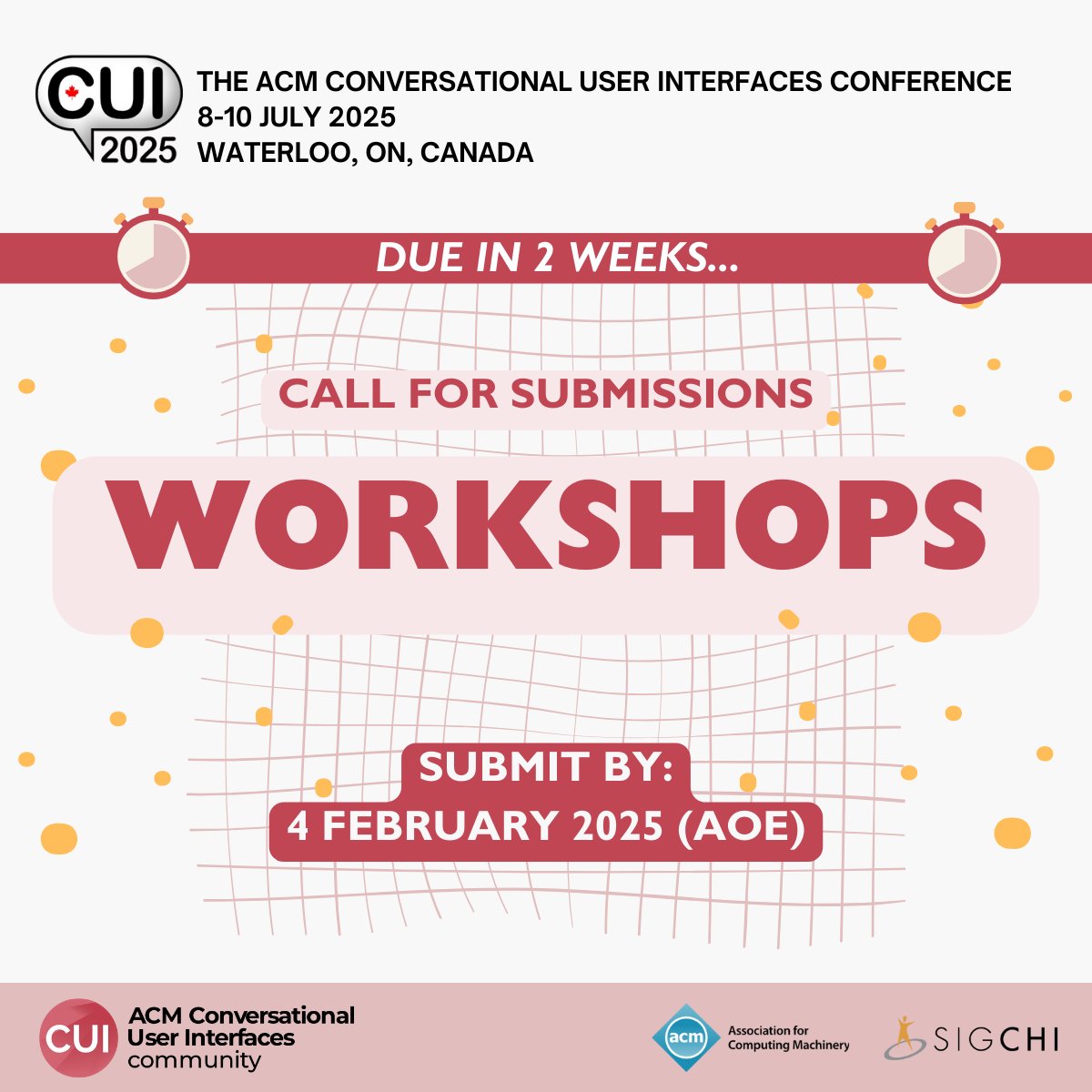 Collaborate and explore ideas at #CUI2025 Workshops! 💬 Propose a half or full-day session on any Conversational User Interfaces topic and join the conversation.

⏳ Deadline: 2 WEEKS AWAY—4 Feb 2025!

Details: cui.acm.org/2025/submit/wo…

#CUI #HCI