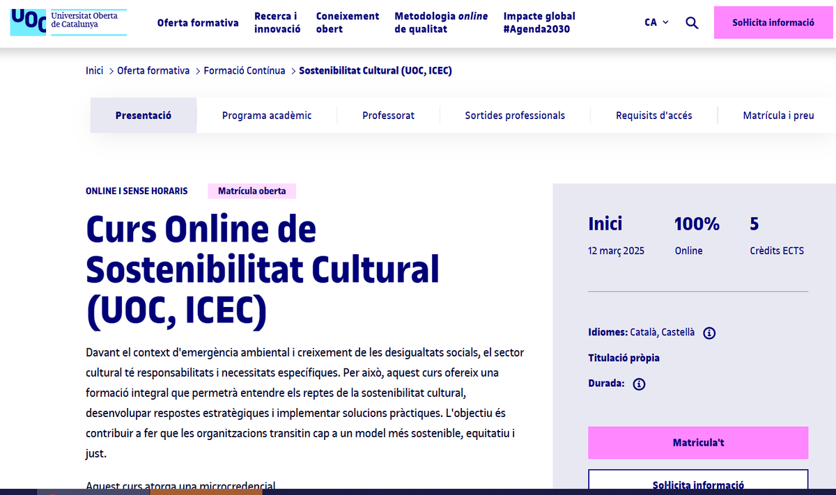 Joan Manzanares (@jmanzanaresmo) on Twitter photo Curs #Microcredencial de #Sostenibilitat #Cultural, impulsat per <a href="/UOCuniversitat/">UOCuniversitat</a> amb col·laboració de <a href="/icec_cat/">Empreses culturals</a> ℹ️pàgina web amb més informació/matrícula i vincle a la sessió informativa del 12/02👉: uoc.edu/ca/estudis/for… #UOC Curs #Microcredencial de #Sostenibilitat #Cultural, impulsat per <a href="/UOCuniversitat/">UOCuniversitat</a> amb col·laboració de <a href="/icec_cat/">Empreses culturals</a> ℹ️pàgina web amb més informació/matrícula i vincle a la sessió informativa del 12/02👉: uoc.edu/ca/estudis/for… #UOC