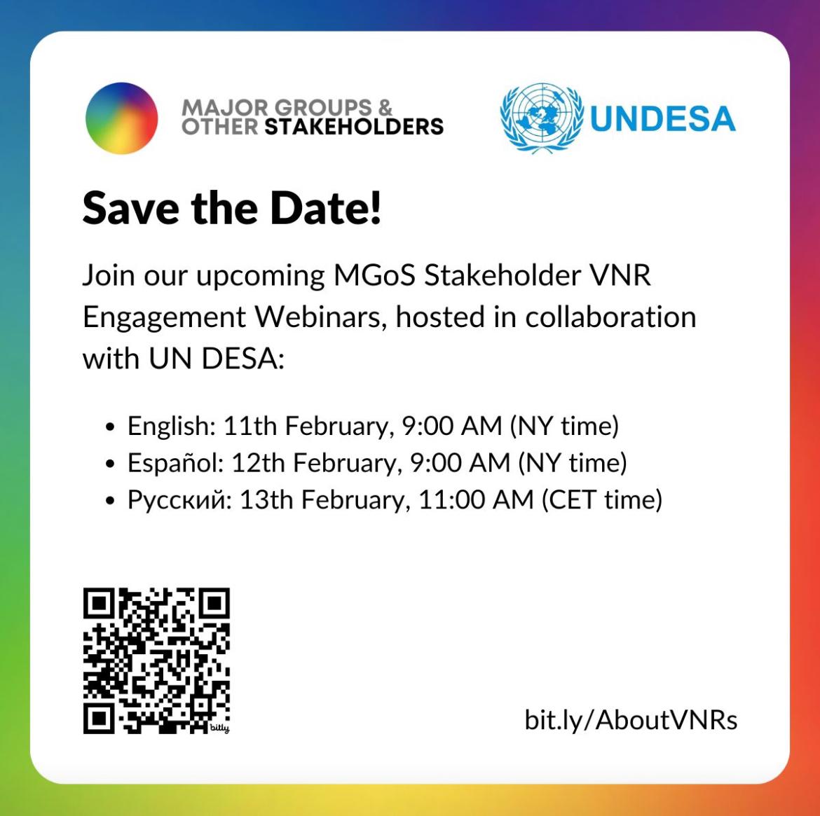 🌍 In 2025, 39 countries present VNRs at #HLPF! Ensure civil society voices are heard.
Join the MGoS VNR Process:
✔ Draft statements
✔ Nominate reps
✔ Foster inclusivity

📅 Webinars:
🇬🇧 Feb 11, 9 AM (NY)
🇪🇸 Feb 12, 9 AM (NY)
🇷🇺 Feb 13, 11 AM (CET)

🔗 bit.ly/AboutVNRs