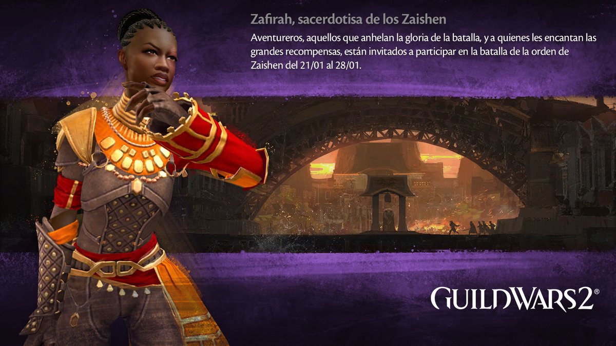 GuildWars2_ES's tweet photo. Ve a Arco del León y habla con Zafirah. El evento de la maratón PvP empieza ya con recompensas adicionales y logros increíbles. Revisa tu correo del juego para obtener más información. https://t.co/AecHf9zLB6