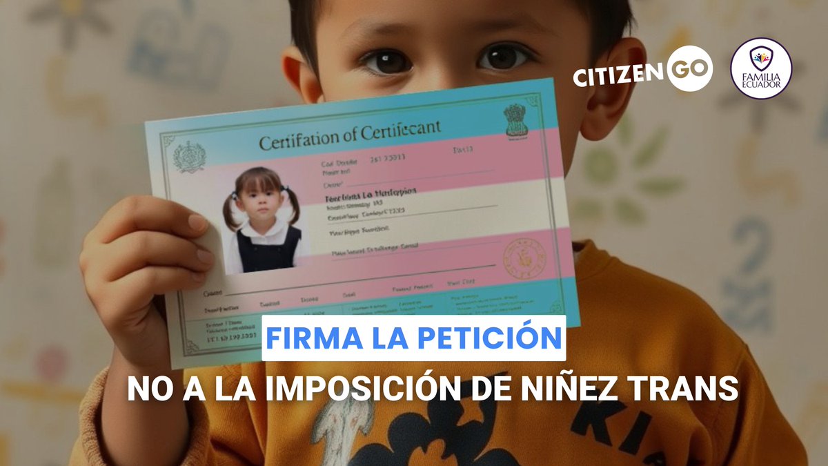 ⚠️La inocencia de nuestros niños está en peligro.

La Corte Constitucional podría permitir el cambio de sexo en documentos de identidad de menores sin consentimiento de los padres. ❌

🖋Firma la petición para detener esta imposición ideológica: cgo.ac/scwRCkWP