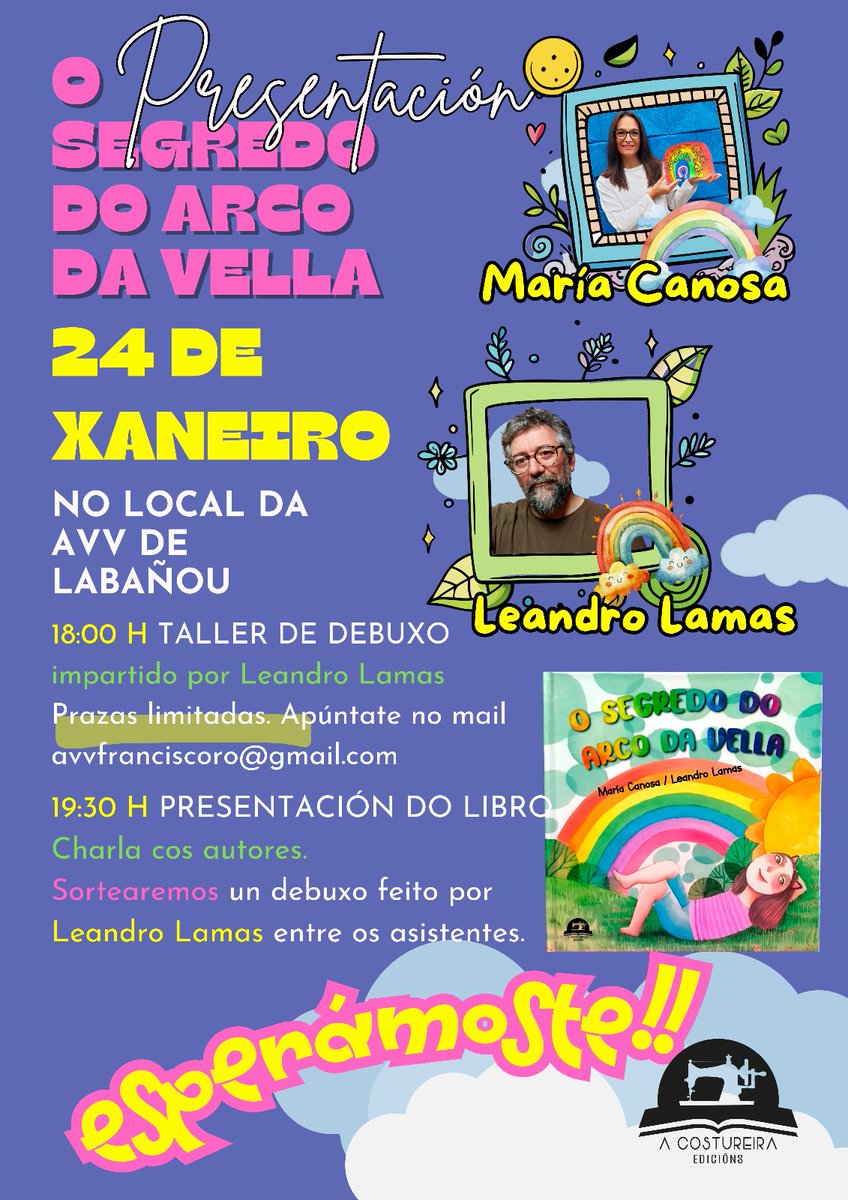 Este venres 24 presentaremos o libro  "O segredo do Arco da Vella" cos autores María Canosa - escritora e Leandro Lamas - Pintura na Coruña!
 
Leandro ofrecerá tamén un taller de debuxo para todos os públicos. Prazas limitadas, inscricións en avvfranciscoro@gmail.com.