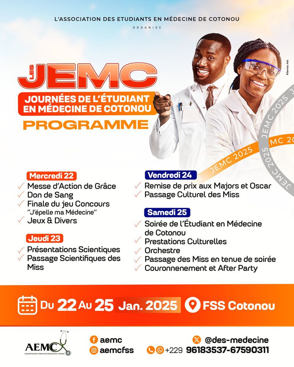 🚨 Chère communauté de l’AEMC, voici le programme officiel des JEMC ! 🗓️

 Prépare-toi à vivre des moments riches en apprentissages et festivités.

 🎯 Ne manque rien !

C_Com JEM