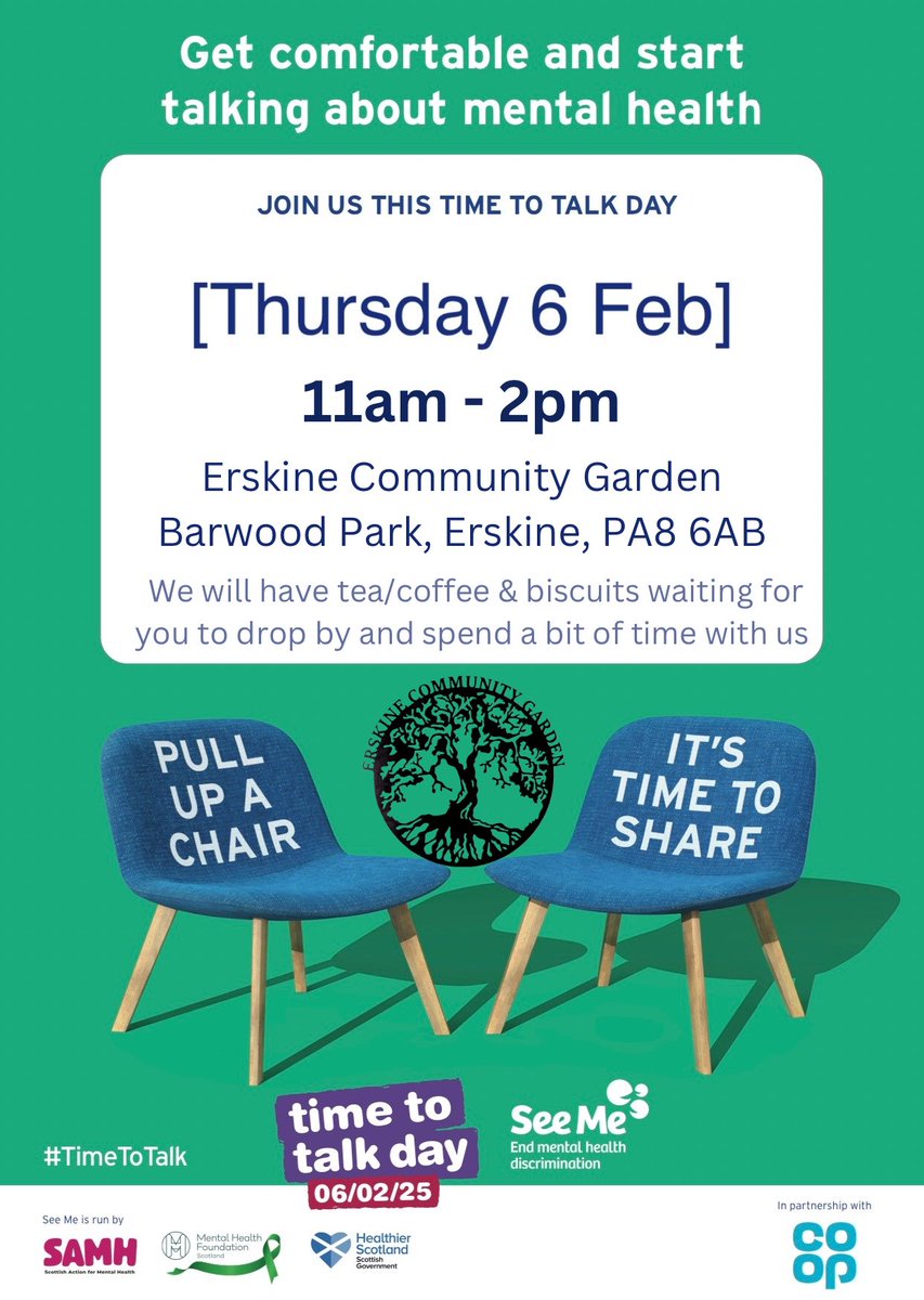 ErskineCGarden (@erskinecgarden) on Twitter photo Thur 6th Feb we’ll host a drop in tea/coffee time as it’s #timetotalk day. Drop by, take a time out, give yourself a moment of peace <a href="/seemescotland/">See Me</a> <a href="/RenEdHWB/">Renfrewshire Health and Wellbeing Education Team</a> <a href="/RenCouncil/">RenCouncil</a> <a href="/ErskineRotary/">Erskine and District Rotary</a> <a href="/ErskineYcouncil/">ErskineYouthCouncil</a> <a href="/TCVScotland/">TCV Scotland</a> <a href="/KSBScotland/">Keep Scotland Beautiful</a> <a href="/EngageNews1/">Engage Renfrewshire</a> <a href="/Alison_S_Taylor/">Alison S Taylor, MP - Paisley Renfrewshire North</a> <a href="/NatalieDon_/">Natalie Don-Innes MSP</a> Thur 6th Feb we’ll host a drop in tea/coffee time as it’s #timetotalk day. Drop by, take a time out, give yourself a moment of peace <a href="/seemescotland/">See Me</a> <a href="/RenEdHWB/">Renfrewshire Health and Wellbeing Education Team</a> <a href="/RenCouncil/">RenCouncil</a> <a href="/ErskineRotary/">Erskine and District Rotary</a> <a href="/ErskineYcouncil/">ErskineYouthCouncil</a> <a href="/TCVScotland/">TCV Scotland</a> <a href="/KSBScotland/">Keep Scotland Beautiful</a> <a href="/EngageNews1/">Engage Renfrewshire</a> <a href="/Alison_S_Taylor/">Alison S Taylor, MP - Paisley Renfrewshire North</a> <a href="/NatalieDon_/">Natalie Don-Innes MSP</a>