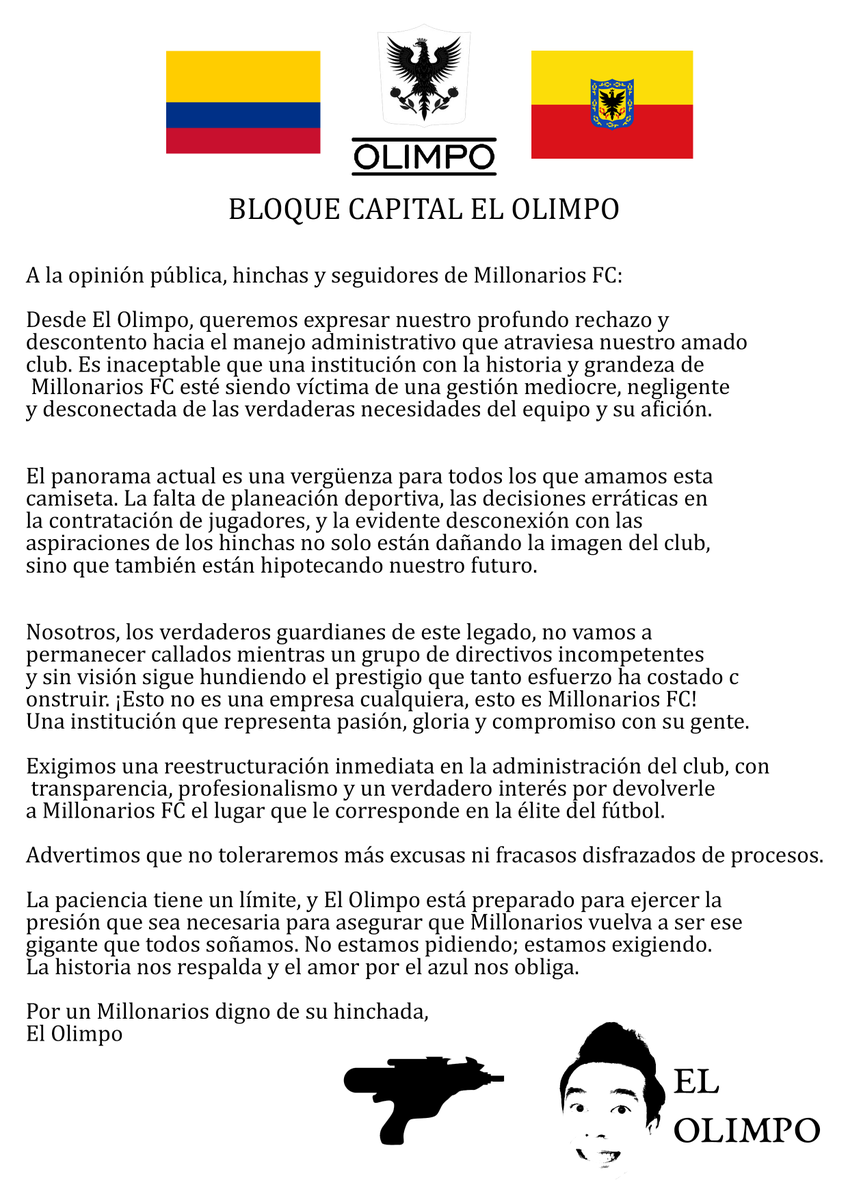 #ATENCIÓN 🚨

COMUNICADO OFICIAL:

Carta a Millonarios FC (<a href="/MillosFCOficial/">Millonarios FC</a>) de parte de El Olimpo.

¡YA NO MÁS MEDIOCRIDAD!