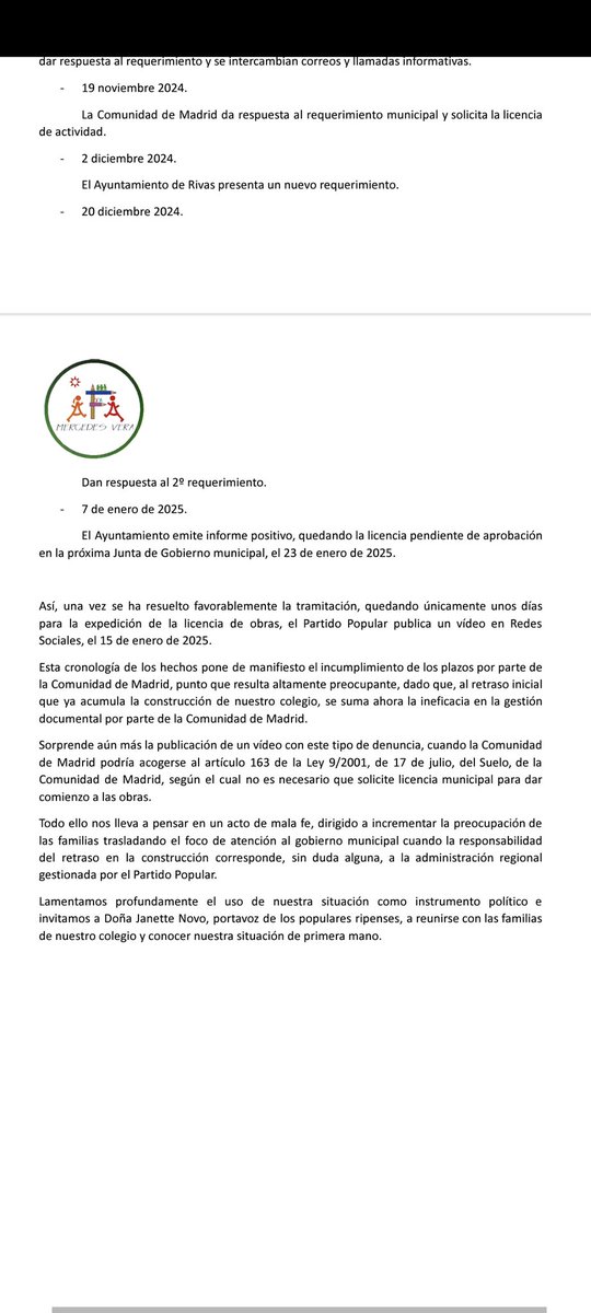 La semana pasada se publicaron algunas noticias relativas a la licencia de obra de nuestro cole en #Rivas  Adjuntamos comunicado al respecto.
Lo publicado nos lleva a pensar en un acto de mala fe.
Lamentamos profundamente el uso de nuestra situación como instrumento político.
