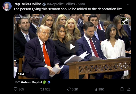 AriCohn's tweet photo. Sitting Congressman calls for deportation of clergy for giving a sermon that he didn't agree with.

This should repulse every single American. https://t.co/3gqCTCBnXI