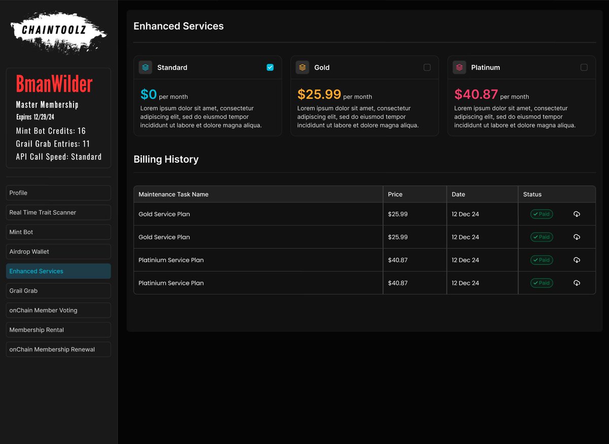 You ChainToolz on-chain member dashboard controls your entire ChainToolz experience.  Register your grail grab entries, update airdrop wallets, submit a community vote, renew/upgrade your membership..  I think im most excited about grail grab and the NFTs we will be minting into