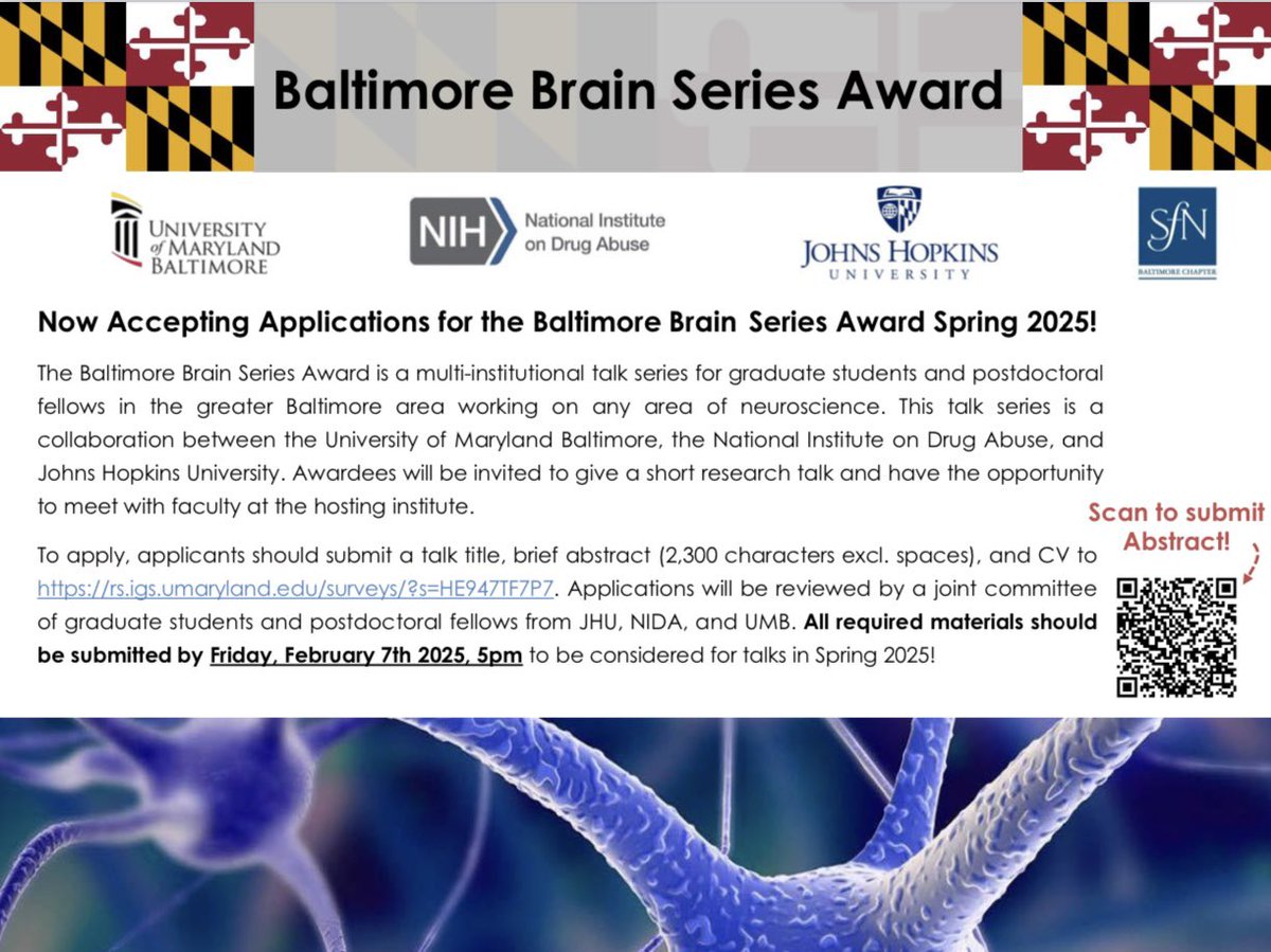 BaltimoreBrainSeries (@bmorebrainy) on Twitter photo Abstract submission for the spring cycle of the Baltimore Brain Series award is now open! Nominees will give an in-person talk at the awarding institution and will receive a $150 honorarium. <a href="/UMMedNeuro/">Univ of Maryland School of Medicine Neuroscience</a> @um_mind <a href="/NIDAnews/">NIDAnews</a> <a href="/HopkinsNeuro/">Hopkins Neuroscience</a> <a href="/jhneurostudents/">Hopkins Neuro Grad Students</a> Abstract submission for the spring cycle of the Baltimore Brain Series award is now open! Nominees will give an in-person talk at the awarding institution and will receive a $150 honorarium. <a href="/UMMedNeuro/">Univ of Maryland School of Medicine Neuroscience</a> @um_mind <a href="/NIDAnews/">NIDAnews</a> <a href="/HopkinsNeuro/">Hopkins Neuroscience</a> <a href="/jhneurostudents/">Hopkins Neuro Grad Students</a>