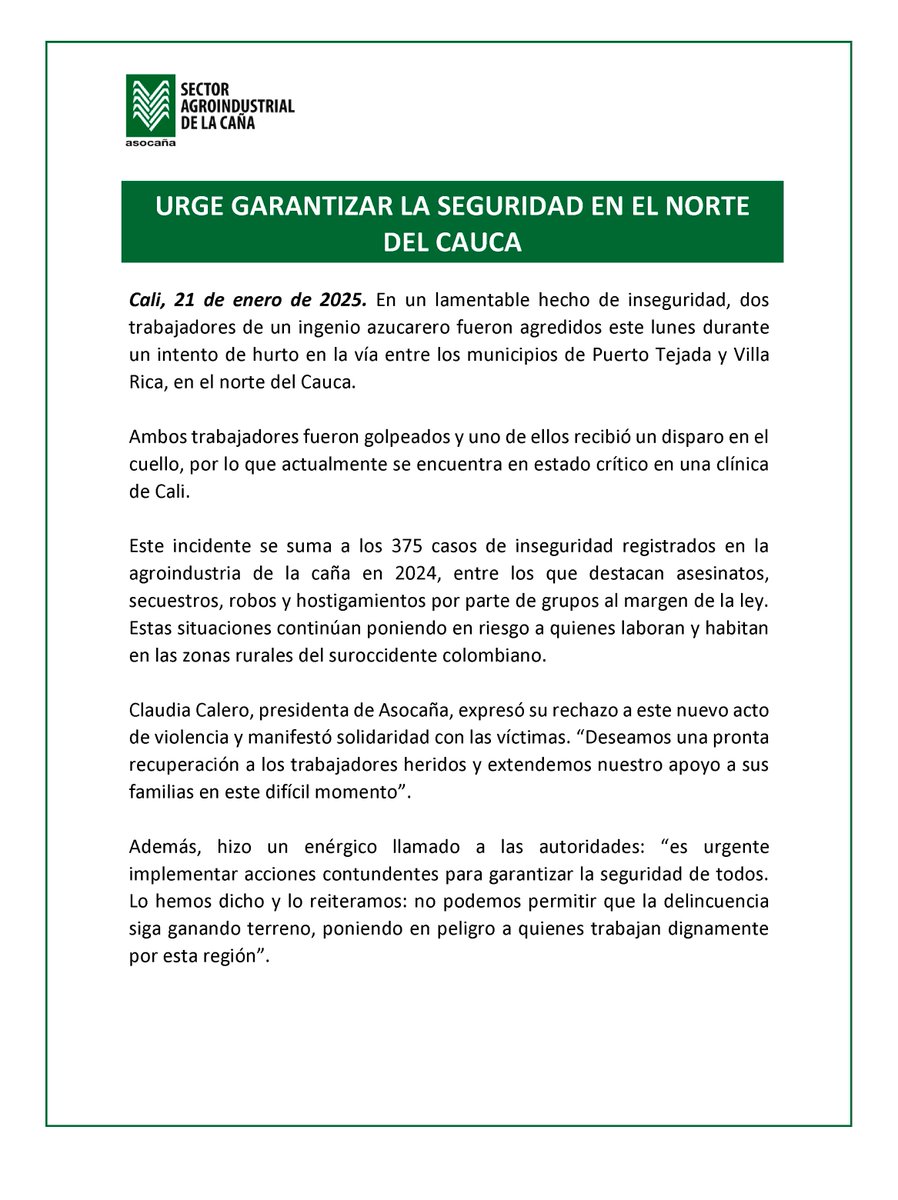 #ComunicadoAsocaña | Rechazamos hecho de inseguridad del que fueron víctimas trabajadores de un ingenio azucarero en el norte del #Cauca.

Urge garantizar la seguridad para quienes trabajan todos los días por el progreso de esta región.