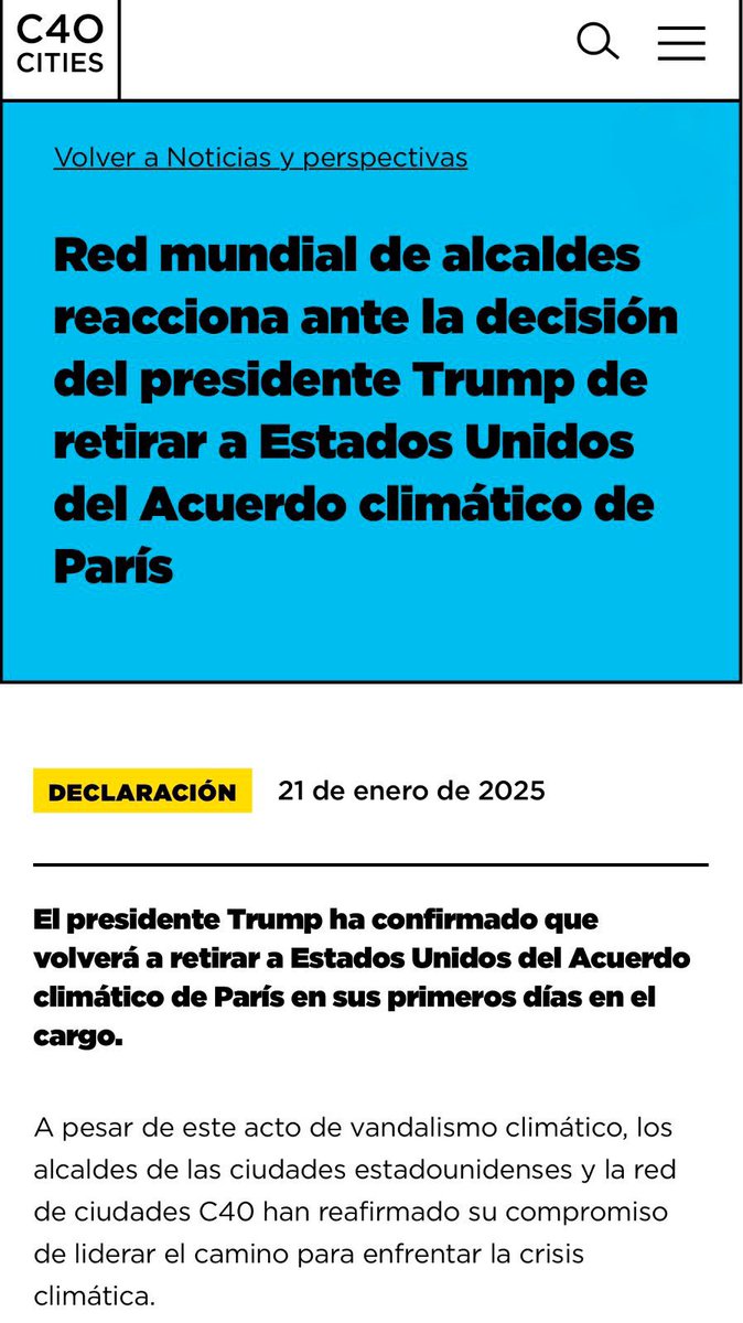 Contra toda la evidencia científica y realidad que viven millones de ciudadanos afectados por incendios forestales, sequías, #CalorExtremo y otros efectos del cambio climático, nos unimos a esta declaración realizada junto a los principales alcaldes agrupados en <a href="/c40cities/">C40 Cities</a>, entre