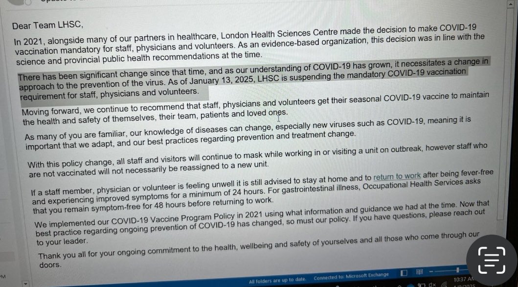 uhcwo's tweet image. London Health Science Centre no longer requires the COVID 19 vaccine  “our knowledge of diseases can change, especially new viruses such as COVID-19, meaning it is important that we adapt, and our best practices regarding prevention and treatment”