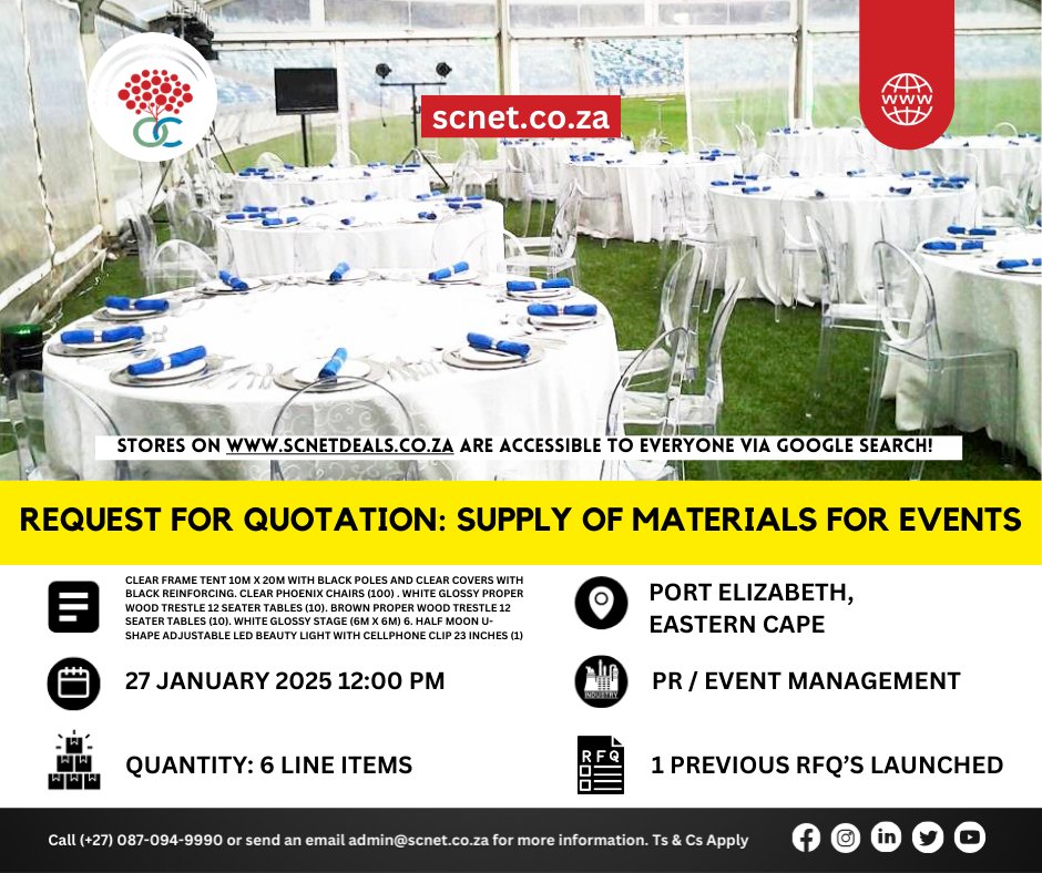 SCNet_ZA's tweet image. Click link: 🔗 scnet.co.za/TenderLeads/Co…

Closing Date: 27 January 2025 12:00pm

Visit our website 📷 scnet.co.za and take part in 40,000+ daily active tenders and 300+ daily active RFQs 📷📷