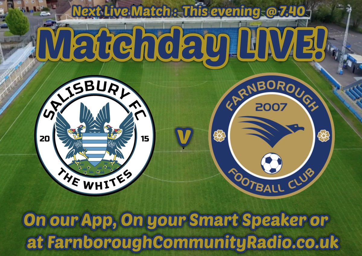 FarnboroughCommunityRadio (@farnbororadio) on Twitter photo Tuesday night LIVE football with George and Matt as @farnboroughfc travel to <a href="/SalisburyFC/">Salisbury FC</a> in the <a href="/VanaramaSouth/">Vanarama National League South</a> from 7.40 - farnboroughcommunityradio.co.uk Tuesday night LIVE football with George and Matt as @farnboroughfc travel to <a href="/SalisburyFC/">Salisbury FC</a> in the <a href="/VanaramaSouth/">Vanarama National League South</a> from 7.40 - farnboroughcommunityradio.co.uk