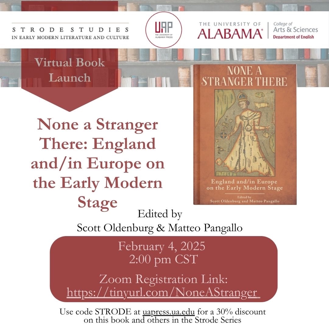 Strode Program (@hudstrode) on Twitter photo Join us for the virtual book launch of None a Stranger There: England and/in Europe on the Early Modern Stage! 
Tuesday, Feb. 4th at 2pm cst Join us for the virtual book launch of None a Stranger There: England and/in Europe on the Early Modern Stage! 
Tuesday, Feb. 4th at 2pm cst
