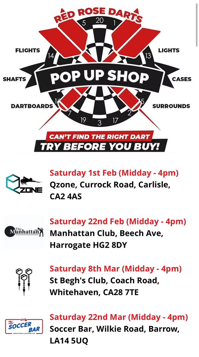 TheRedRoseDarts's tweet image. We’re buzzing to be taking our “try before you buy” darts shop to lots of great towns & cities. We’ll have a HUGE range of darts, shafts, flights, cases & equipment from all your favourite brands. All ages and abilities welcome! 🎯🎯
#carlisle #barrow #whitehaven #harrogate