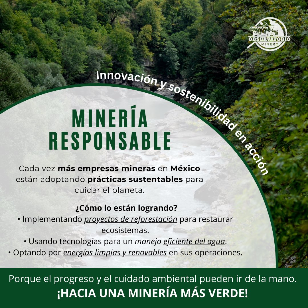 Las empresas mineras en México avanzan hacia la sostenibilidad con prácticas como reforestación, eficiencia en el uso del agua y energías renovables, demostrando que el progreso y el cuidado del planeta pueden coexistir. 🌱💚 ¡Hacia una minería más verde!